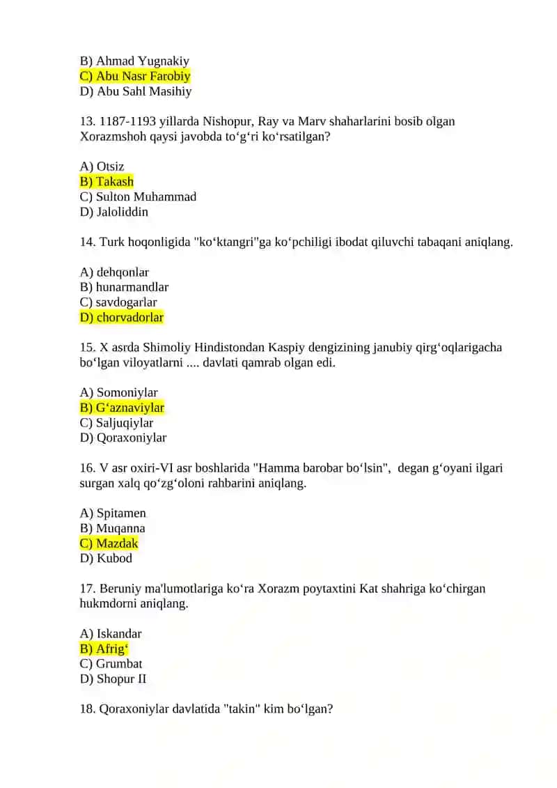 IX-XII asrlarda o’zbek davlatchiligi rivoji Test savollari 3