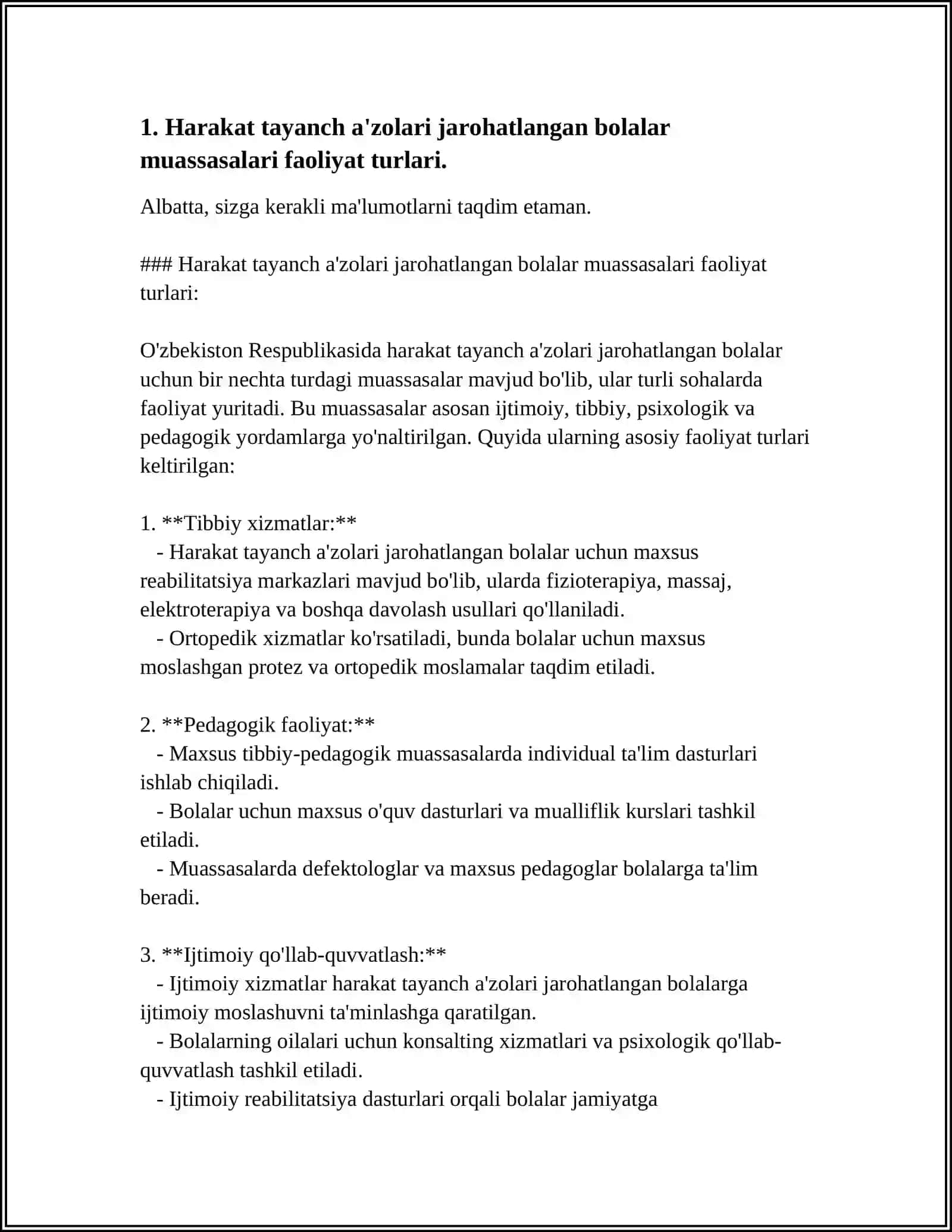 HARAKAT TAYANCH AZOLARI JAROHATLANGAN BOLALAR UCHUN TASHKIL ETILGAN MUASSASALAR VA ULARDAGI ISHLARNI OLIB BORILISHI 3