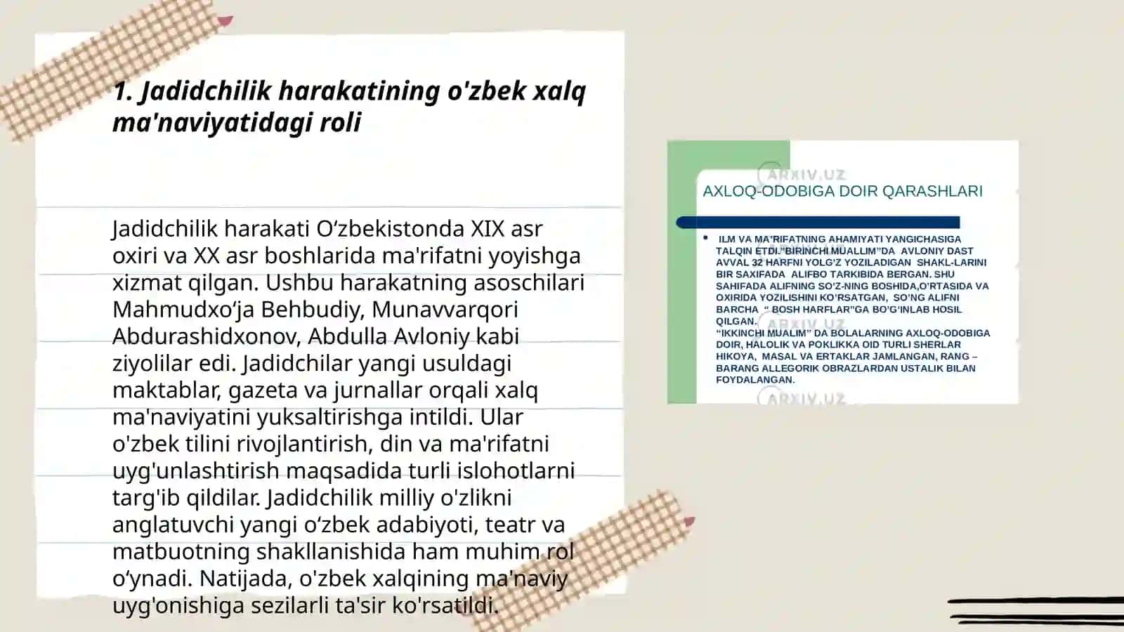 Jadid ma'rifatparvarlarning oʻlka ijtimoiy-ma'naviy hayotida tutgan oʻrni (Munavvar Qori, Behbudiy, Fitrat, Avloniy va bowq) 3