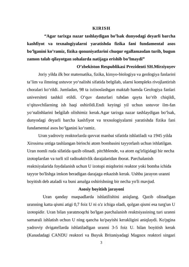 Uran yadrosini boyitish usullari va texnikasi. Uran yadrosining bo`linishi 3