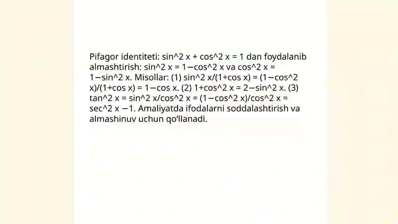 Trigonometrik ifodalarni aniq almashtrirish 3