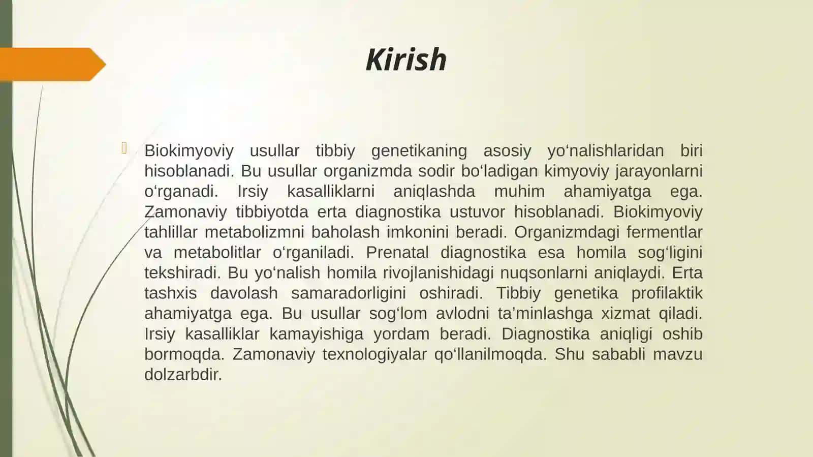Biokimyoviy usul. Tibbiy genetikada qo’llaniladigan biokimyoviy tahlil turlari Prenatal diagnostika haqida tushunchp, uning vazifalari, istiqbollari. 3