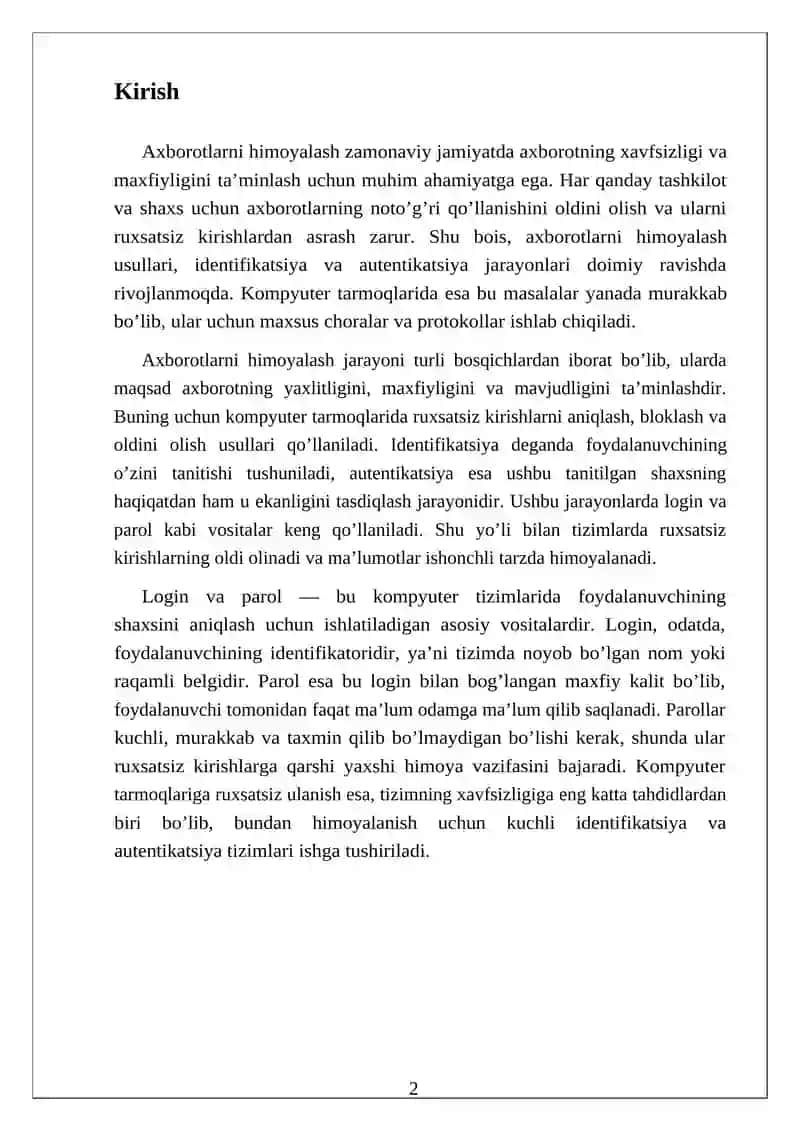 Axborotlarni himoyalash usullari. Identifikatsiya va autentikatsiya masallari. Login va parol tushunchasi. Kompyuter tarmoqlariga ruxsatsiz ulanish 3
