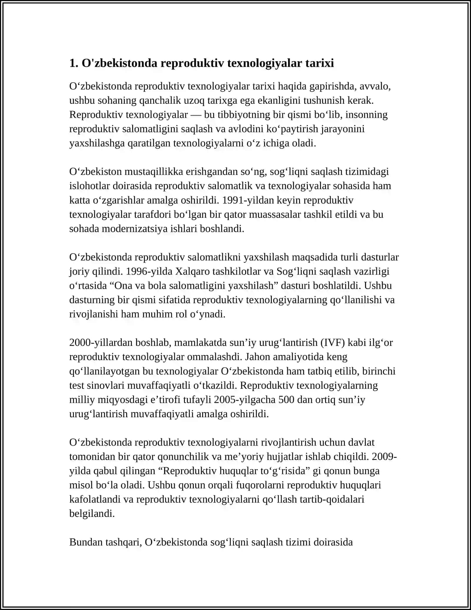 O‘zbekistonda yangi reproduktiv texnologiyalarni qo'llash masalasining mohiyati 3