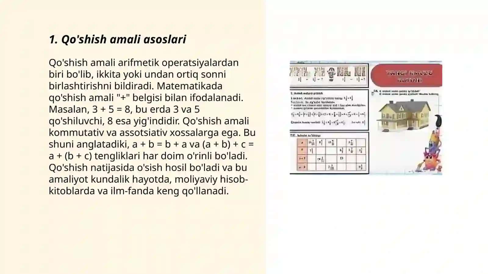 Qo'shish va ayrish, ko'paytirish va bo'lish amali ma'nosini ochib hamda uni bosqichlab konsetrlarda bajarilishini o'rgatish 3