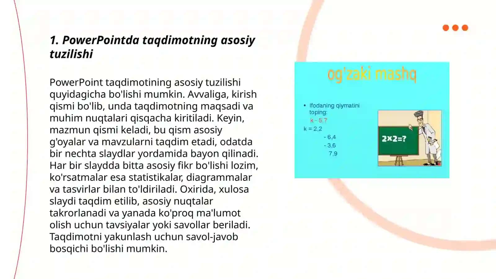 PowerPointda sohaga oid taqdimotlar tuzish, ularga animasiya va yeffektlar qo'shish.Taqdimotlarni namoish qilish yollari 3
