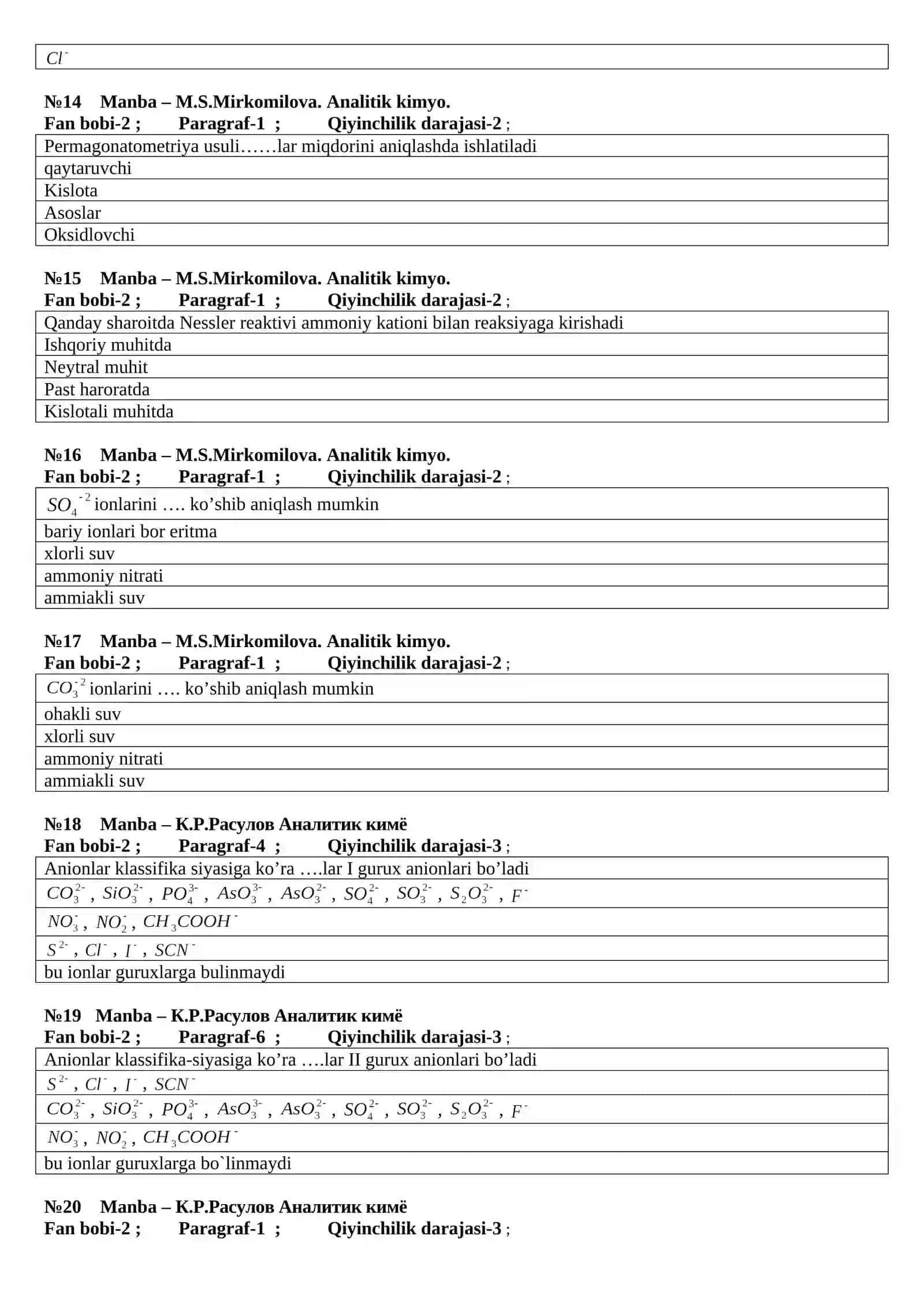 Analitik kimyo fanidan test 3
