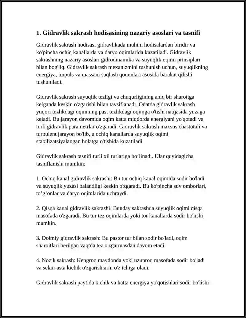 GIDRAVLIK SAKRASH HODISASI VA PASTKI BEFDAGI OQIMNING GIDRAVLIK ELEMENTLARINI ANIQLASH 3