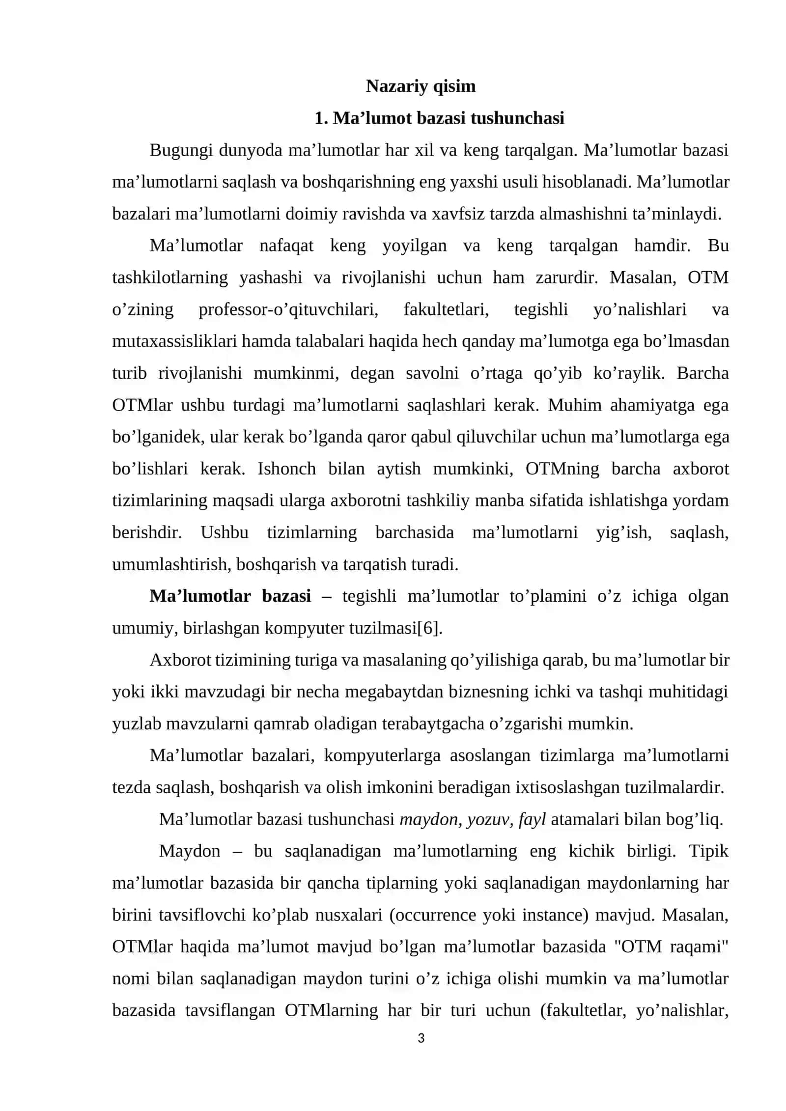 Ma’lumotlar bazasi texnologiyalari 3