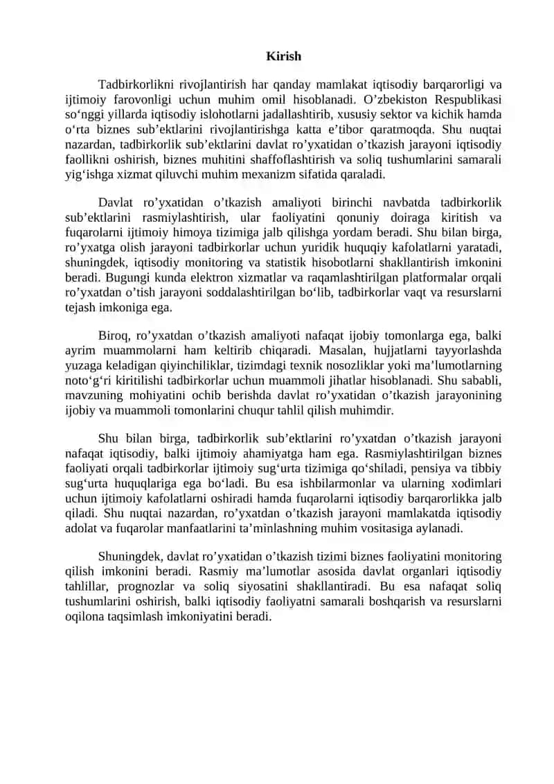 O’zbekistonda tadbirkorlik sub’ektlarini davlat ro’yxatidan o’tkazish amaliyotining ijobiy va muammoli jihatlari 3