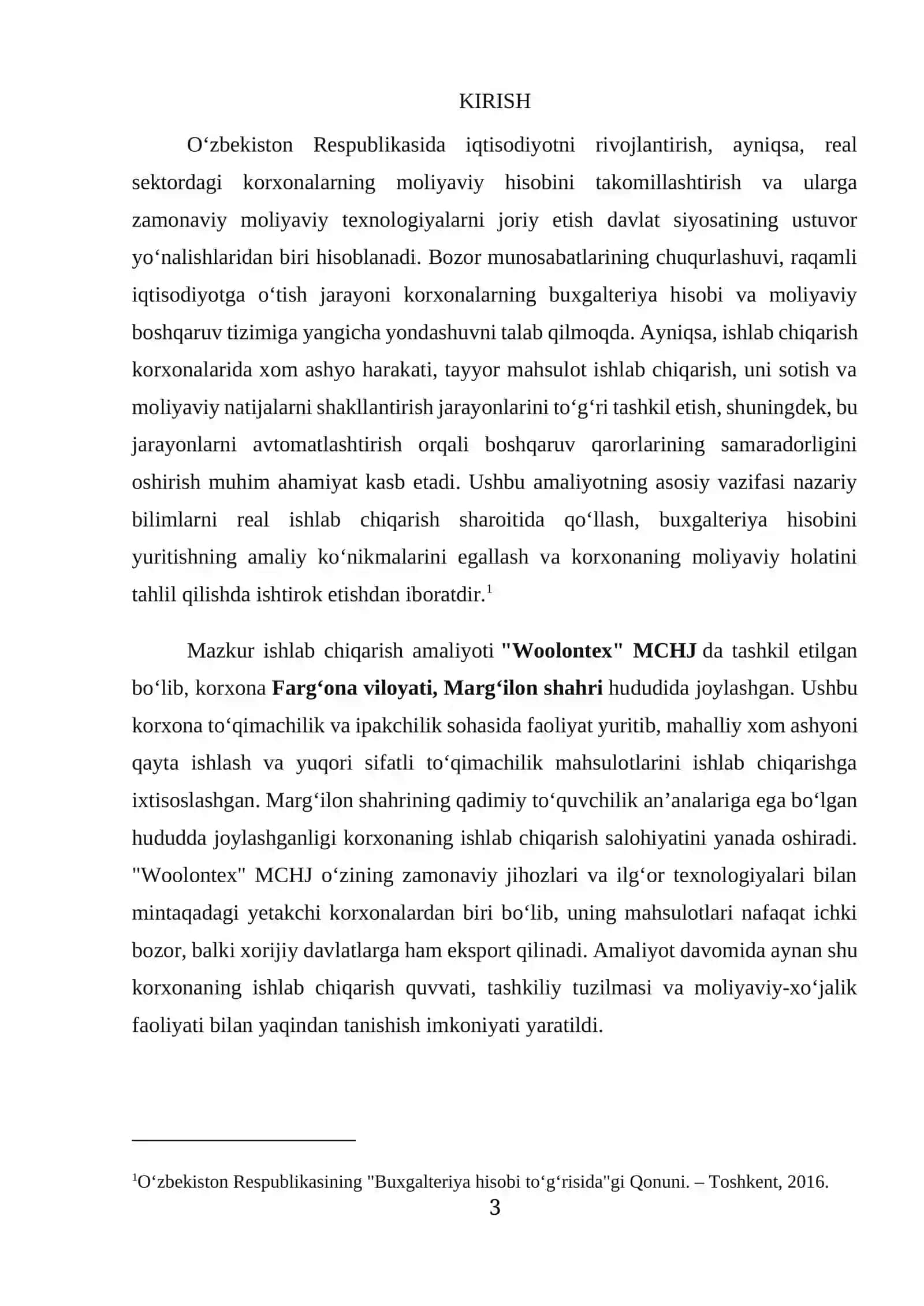 "Woolontex" MCHJ boyicha amaliyot hisoboti. (korxona to‘qimachilik va ipakchilik sohasi) 3