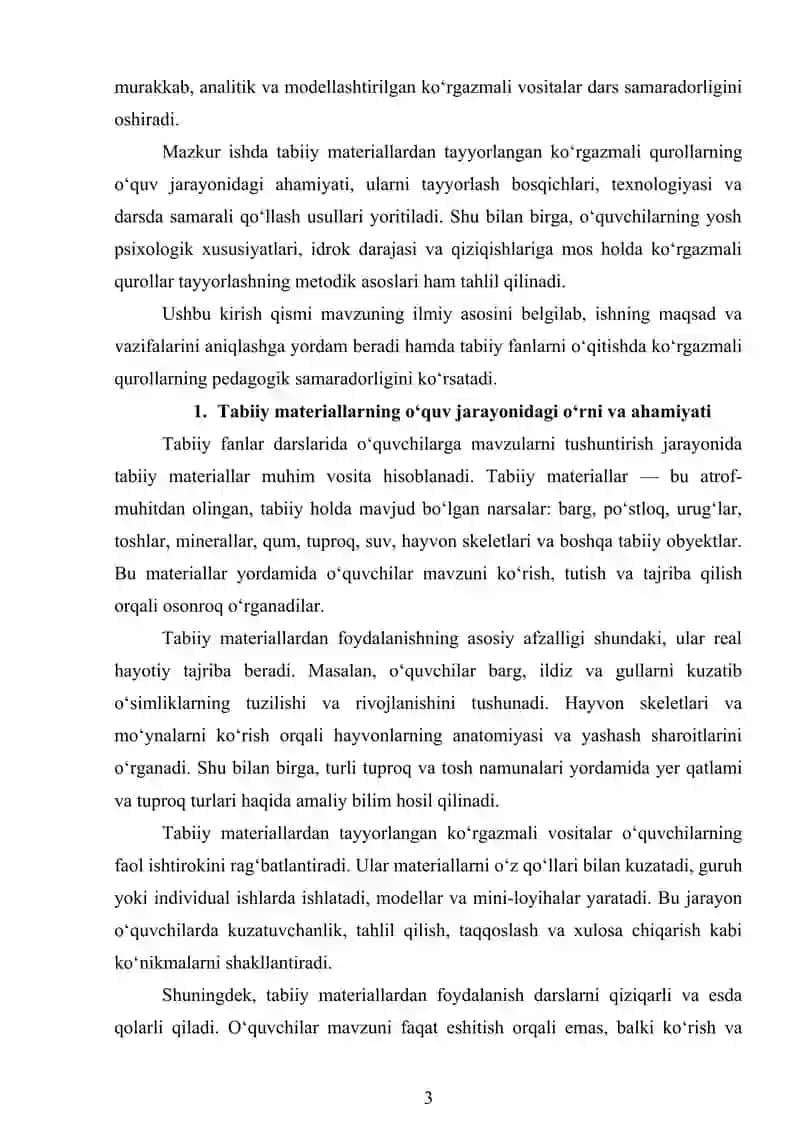 Tabiiy fanidan mavzular bo'yicha tabiiy materiallardan ko'rgazmali qurollar tayyorlash 3