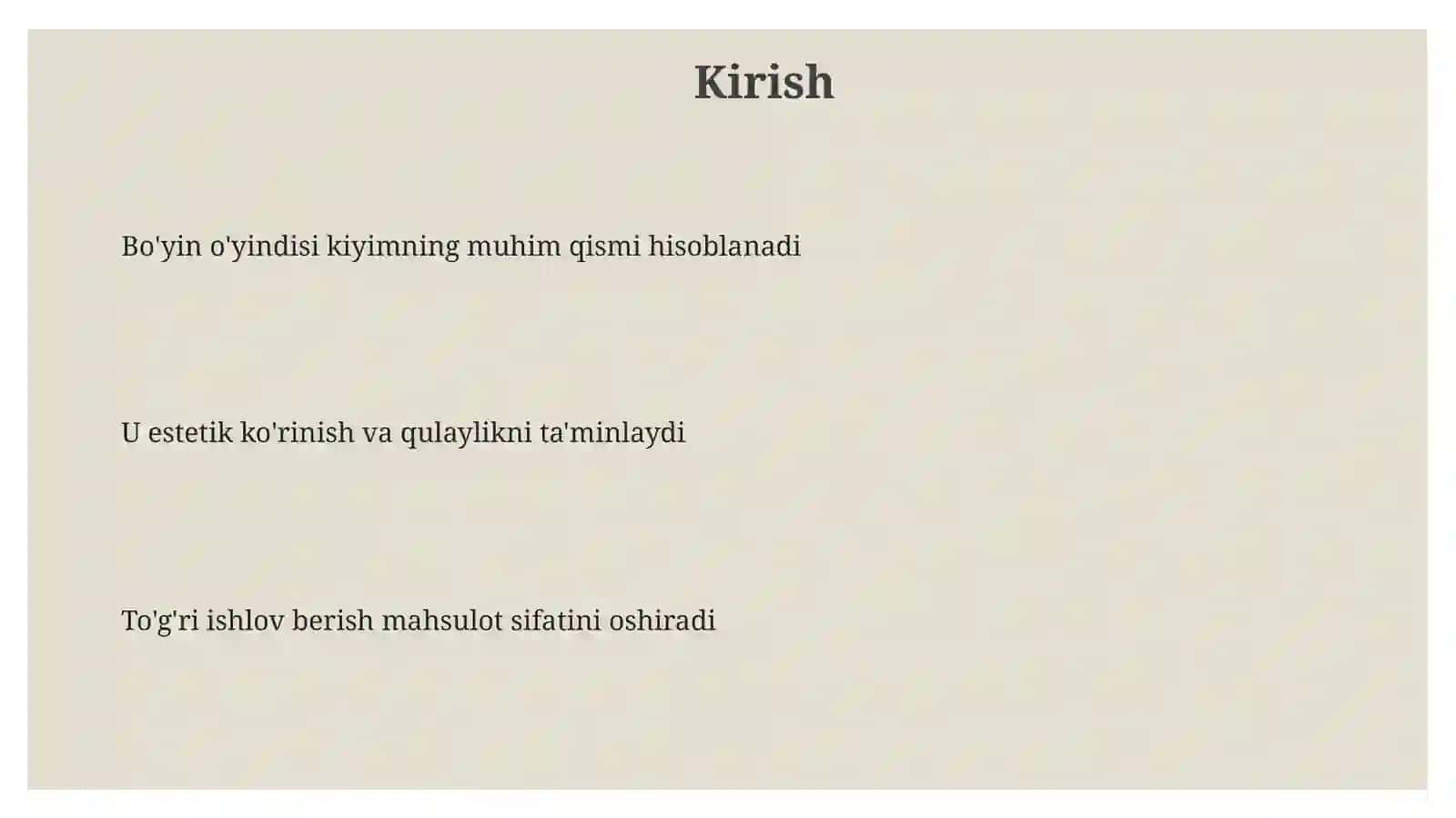Ayyolarkiyimlariningbo'yino'yindilarigaishlovberishnamunalartayyorlash 3