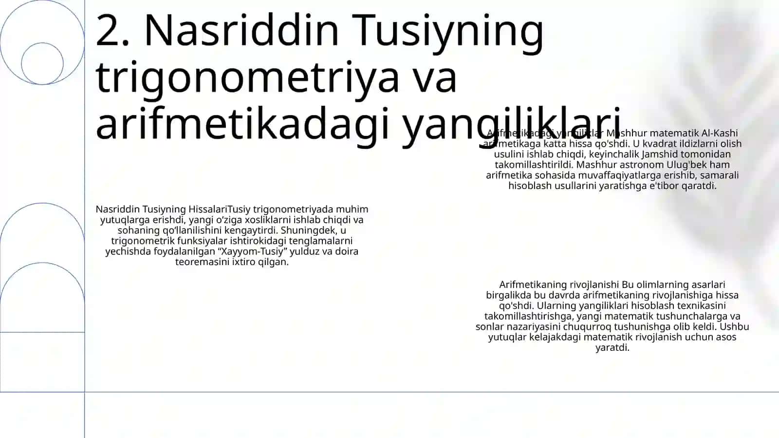 Muhammad Ibn Muso Al Xorazmiy Nasriddin Tusiy Jamshid GʻIyosiddin Al Koshiy UlugʻBek Asarlarida Arifmetikaning Rivojlanish Haqida Malumotlar 3