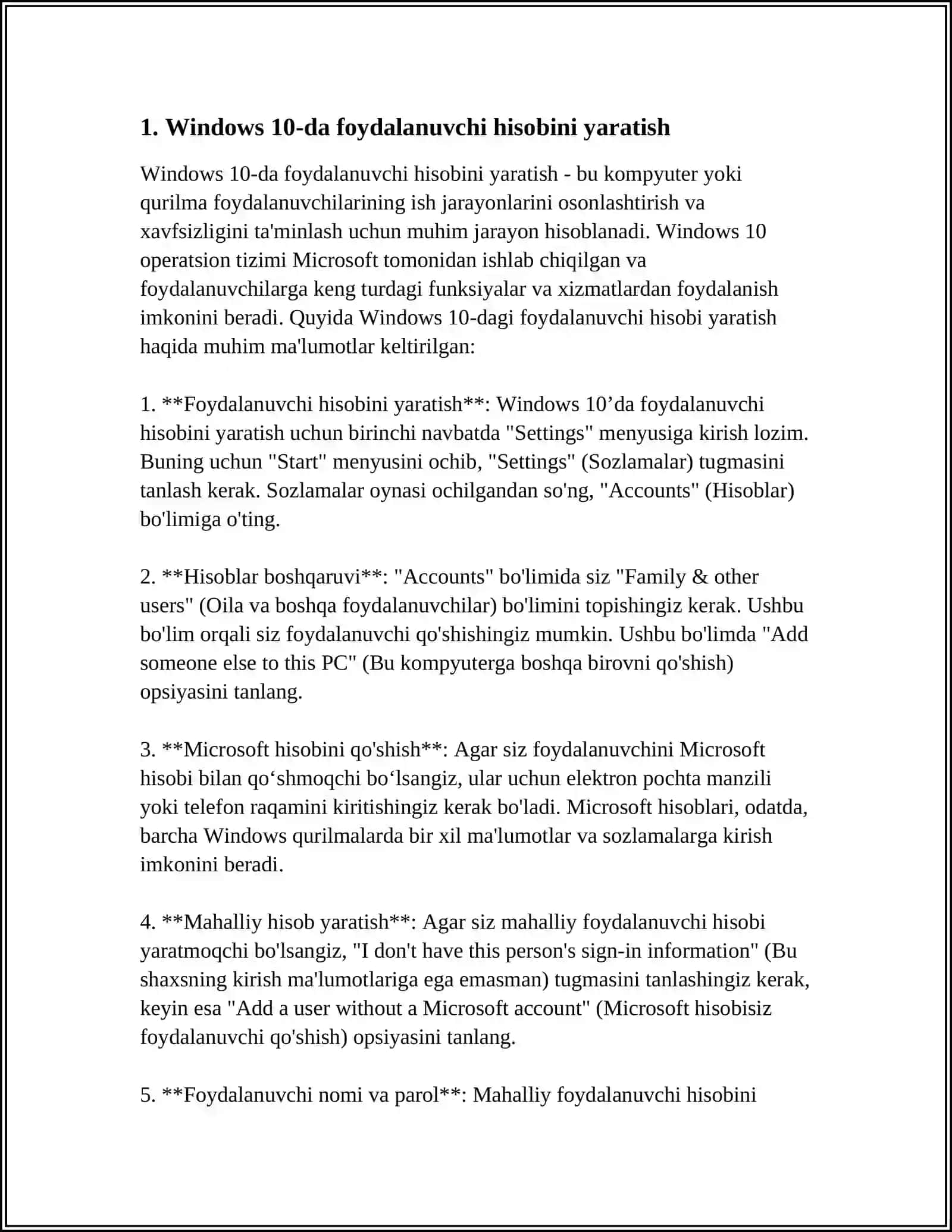 WINDOWS 10DA HISOB QAYDNOMALARINI YARATISH VA SOZLASH 3