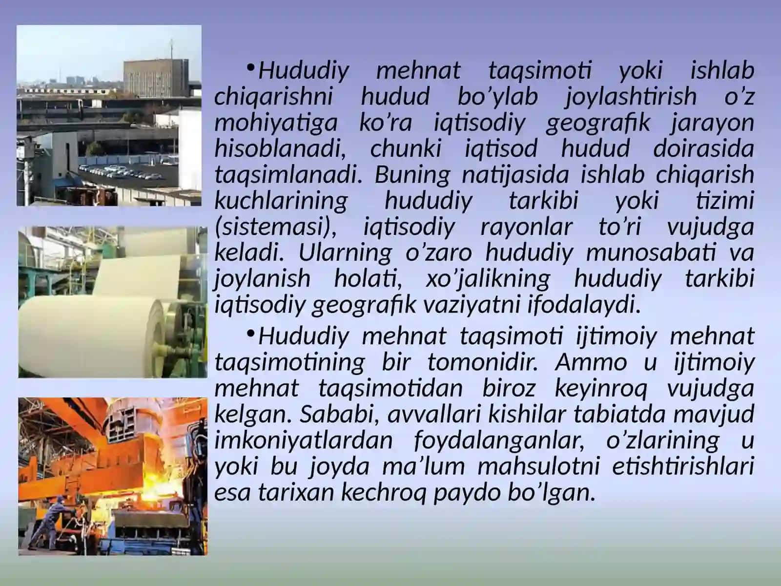 Geografiya fanidan Mustaqil ish: Hududiy mehnat taqsimoti va hududiy ishlab chiqarish majmualari 3