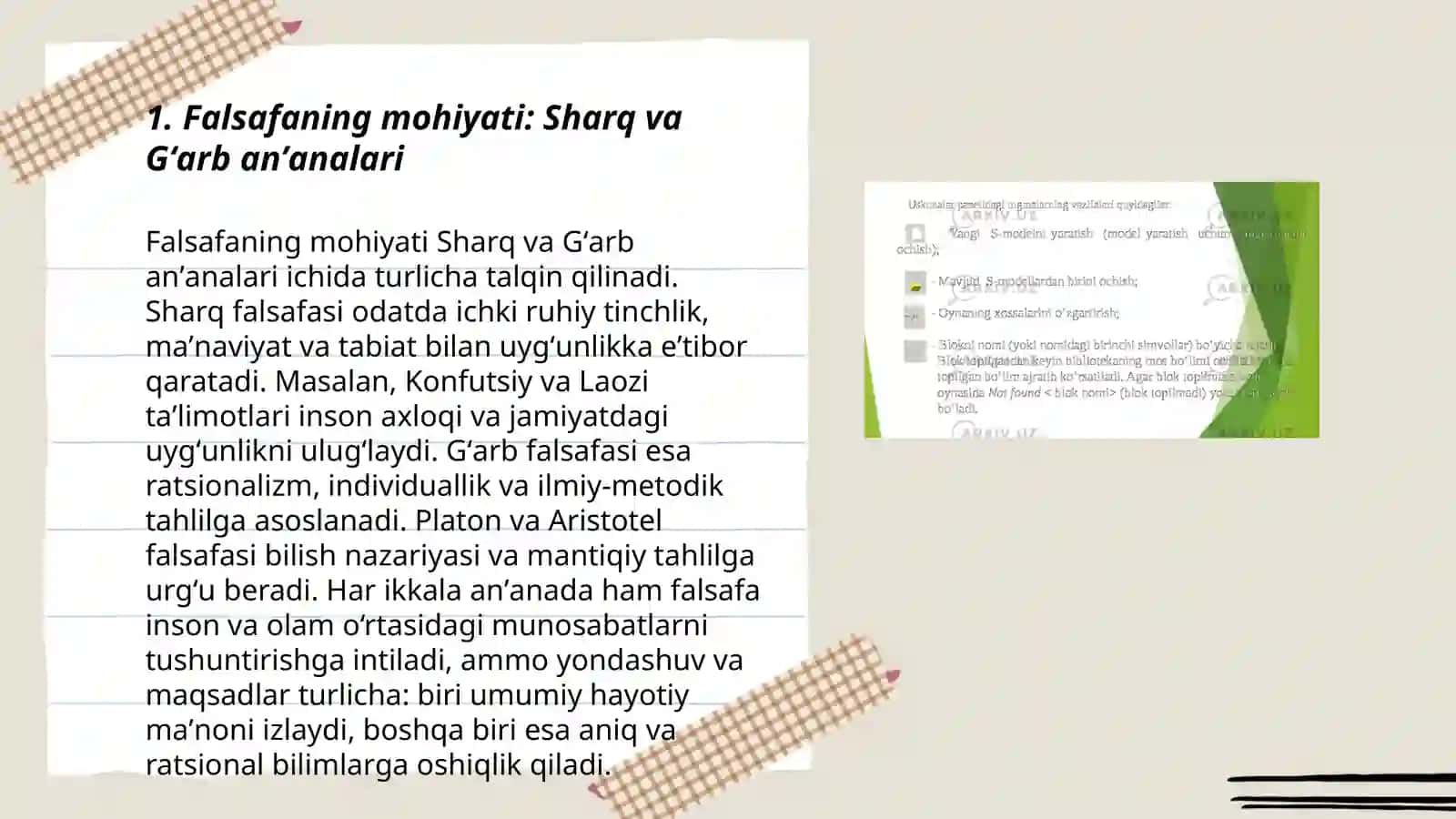 Falsafaning mohiyatiga oid Sharq va Gʼarb mutafakkirlari taʼriflarini tasniflash va ular boʻyicha prezentatsiya tayyorlash 3