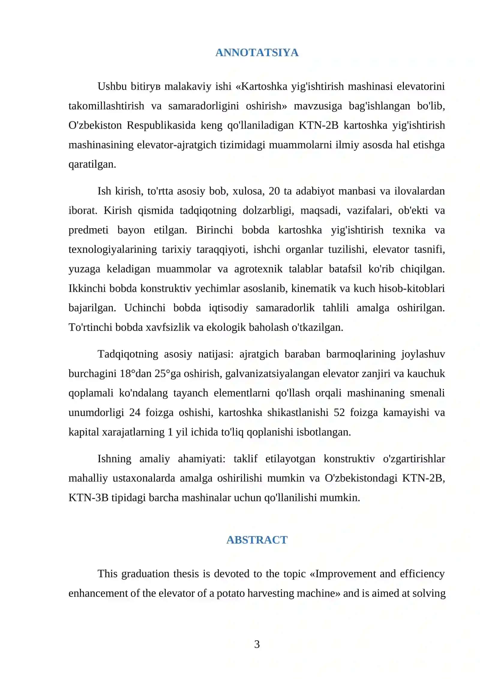 KARTOSHKA YIG'ISHTIRISH MASHINASI ELEVATORINI
TAKOMILLASHTIRISH VA SAMARADORLIGINI OSHIRISH 3