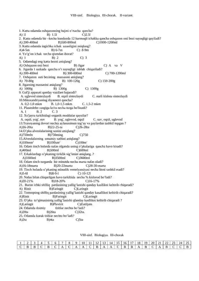 VIII-sinf. Biologiya. 1-chorak. II-variant 3