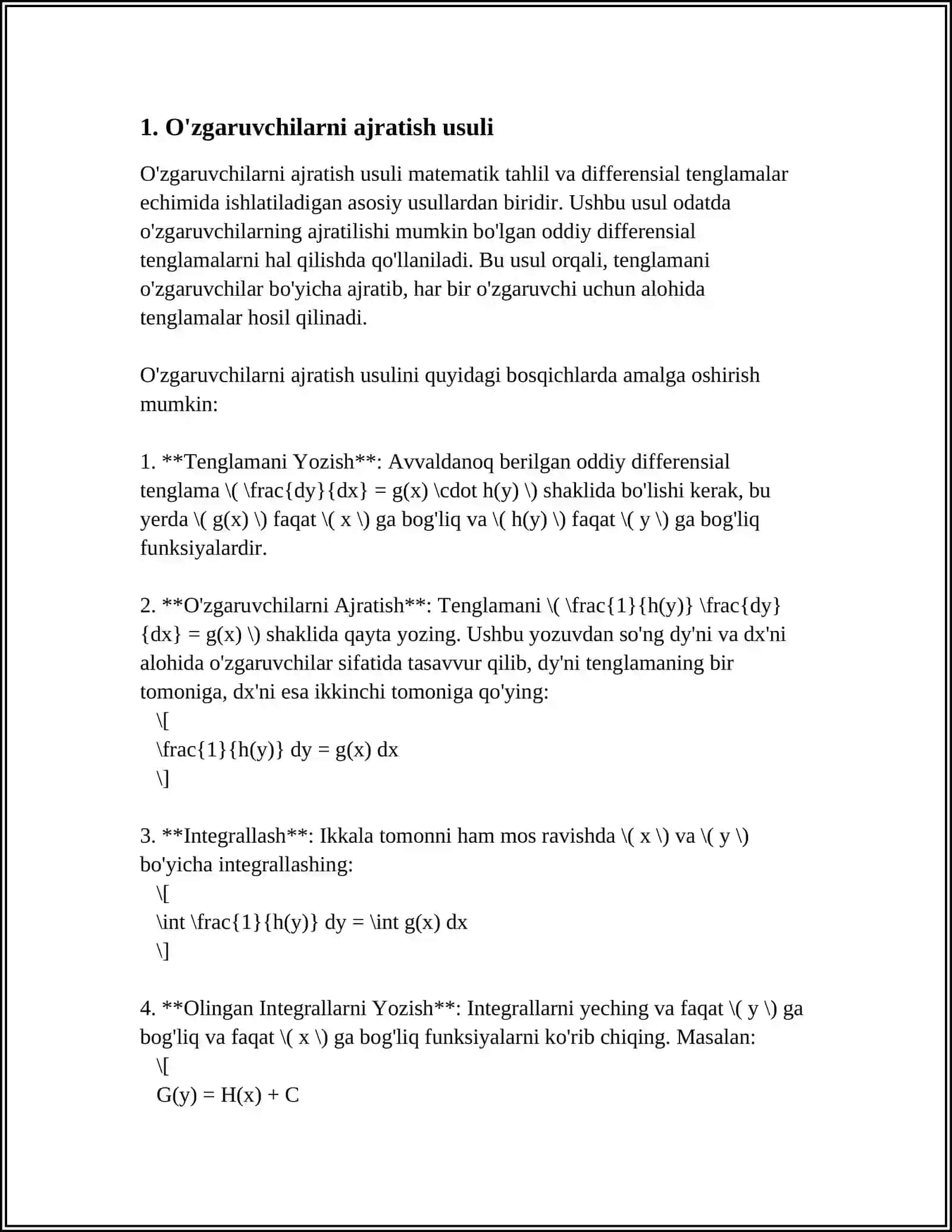 O'ZGARUVCHILARI AJRALADIGAN DIFFERENTIAL TENGLAMALAR 3