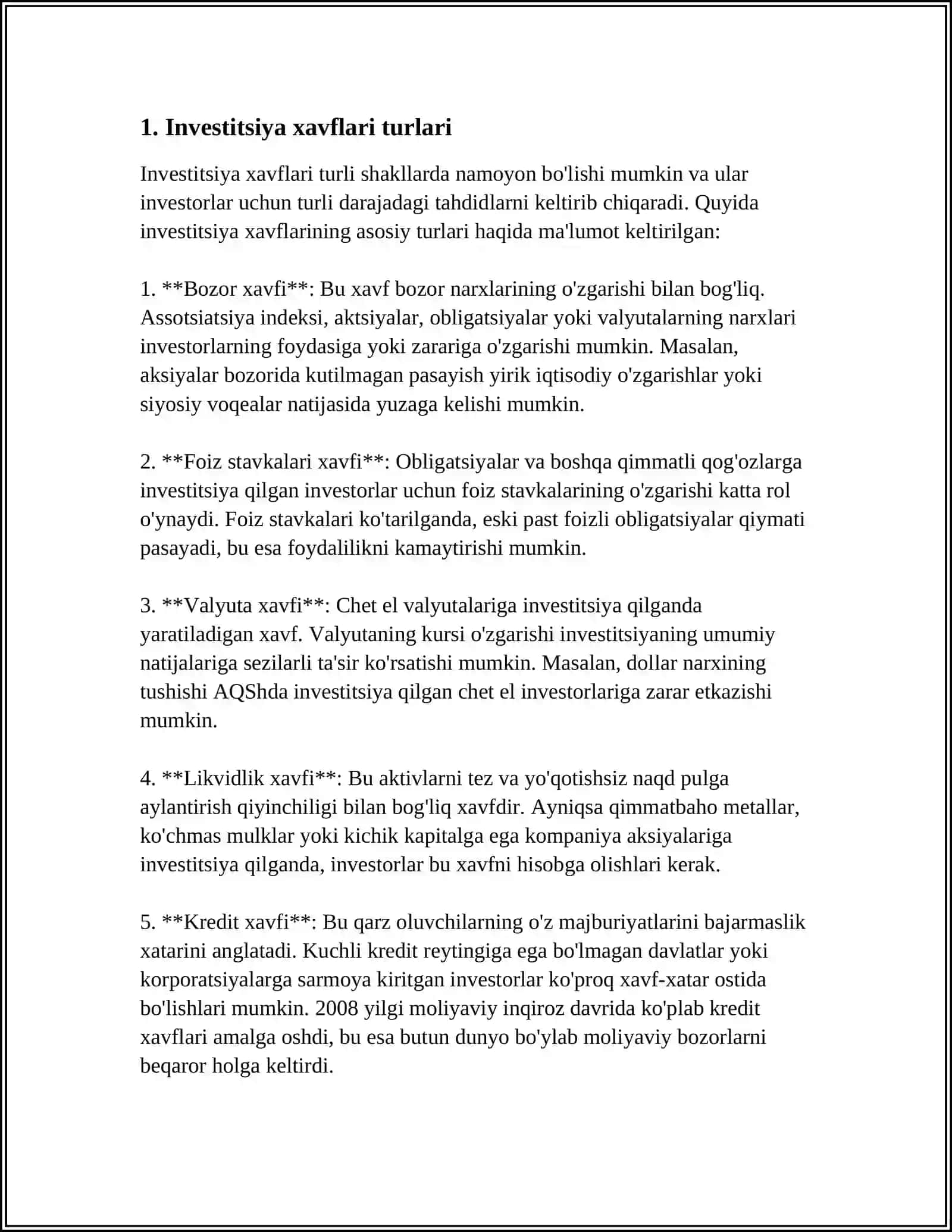 INVESTORNING RISKKA BO’LGAN MUNOSABATI 3