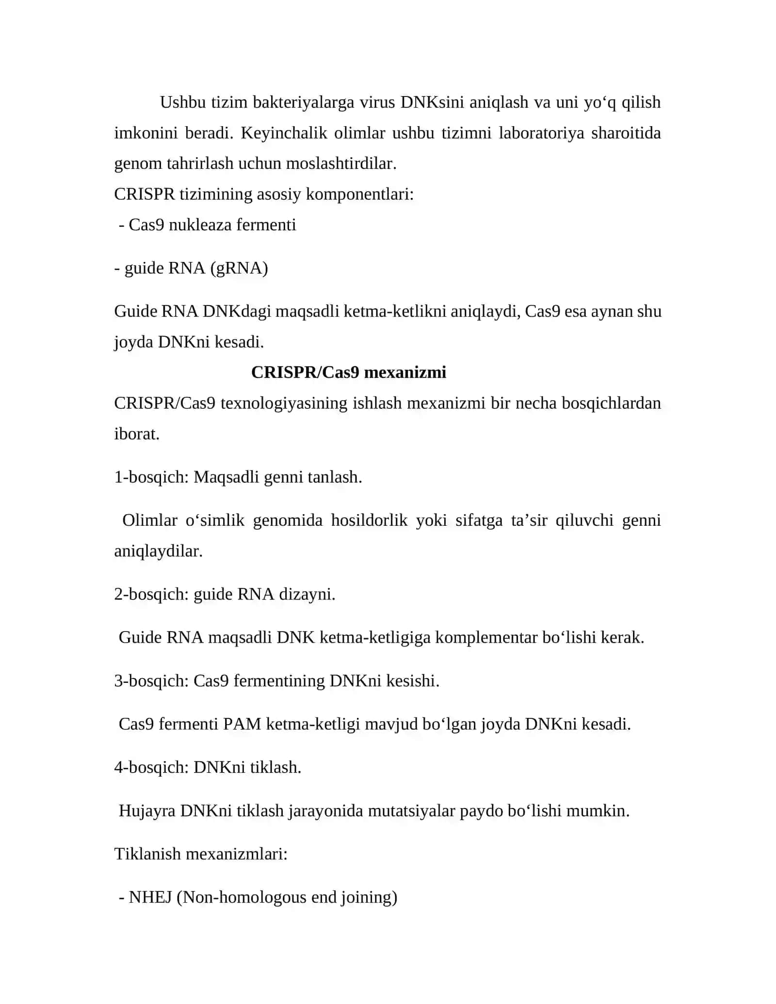 Biotexnologiyada gen muhandisligi usullari yordamida o‘simliklarning sifat ko‘rsatkichlarini yaxshilash va hosildorligini oshirish (CRISPR/Cas9 texnologiyasi 3