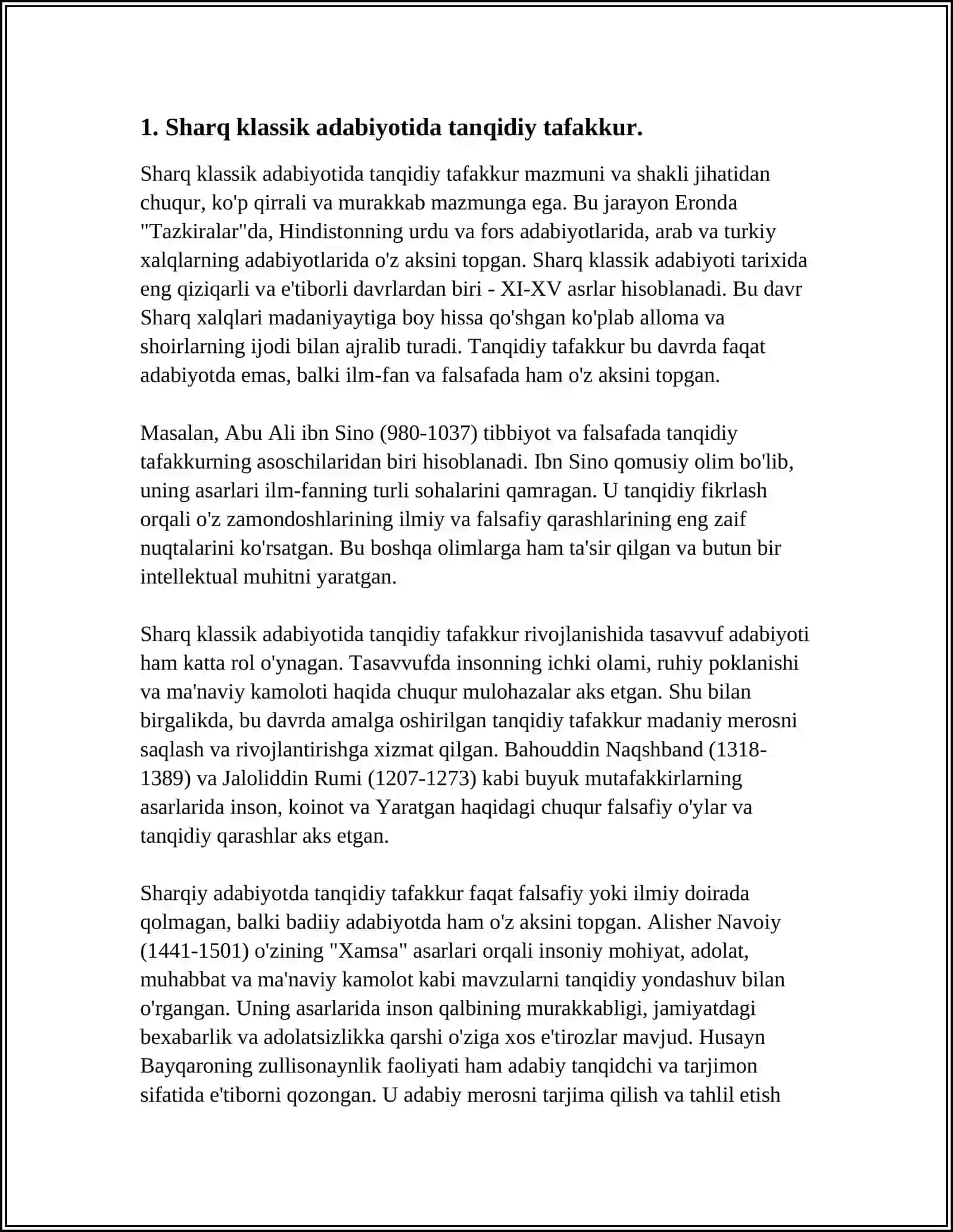 MUSTAQIL ISH Mavzu: SHARQ KLASSIK ADABIYOTIDA ADABIY-TANQIDIY FIKRLAR TARAQQIYOTI 3