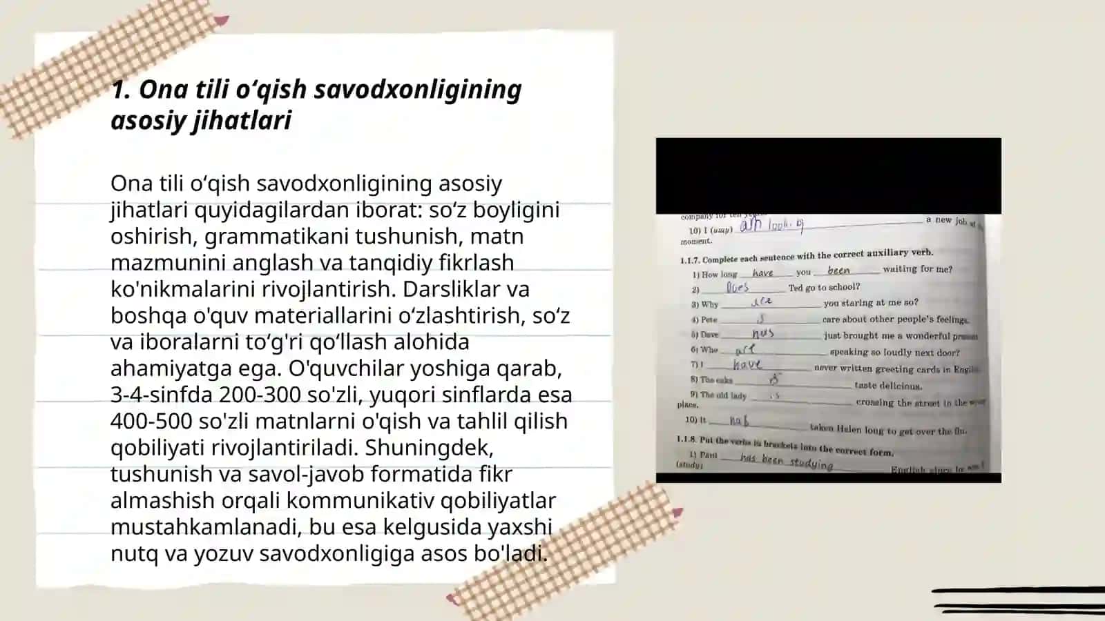 Ona tili oʻqish savodxonligi va uni oʻqitish metodikasi fani yuzasidan berilgan amaliy va seminar mashgʻulolariga tayyorgarlik koʻrish va uyga vazifalarni bajarish 3