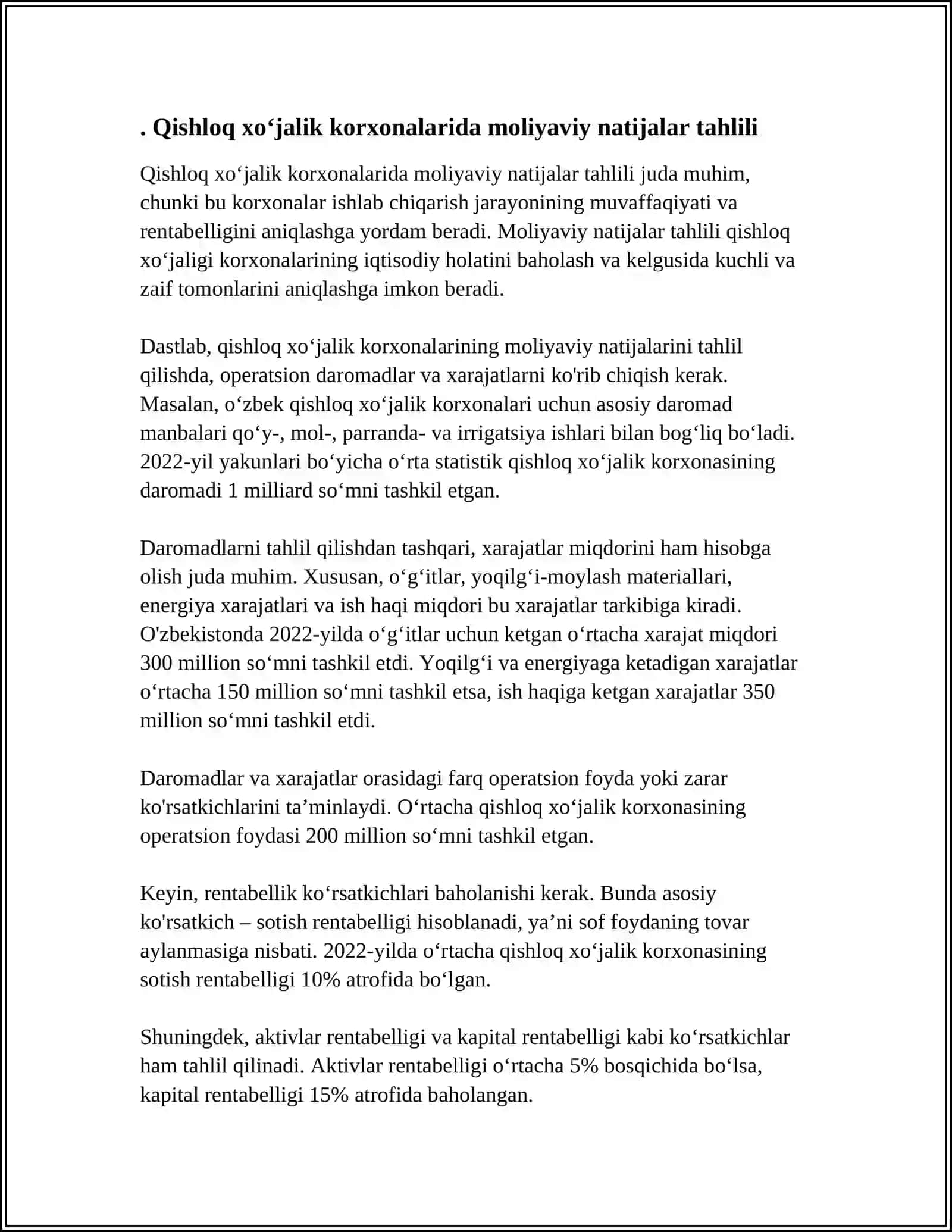 QISHLOQ XO'JALIK KORXONALARIDA MOLIYAVIY NATIJALAR, SOLIQLAR, MAJBURIY AJRATMALAR VA TOʻLOVLAR HISOBI 3
