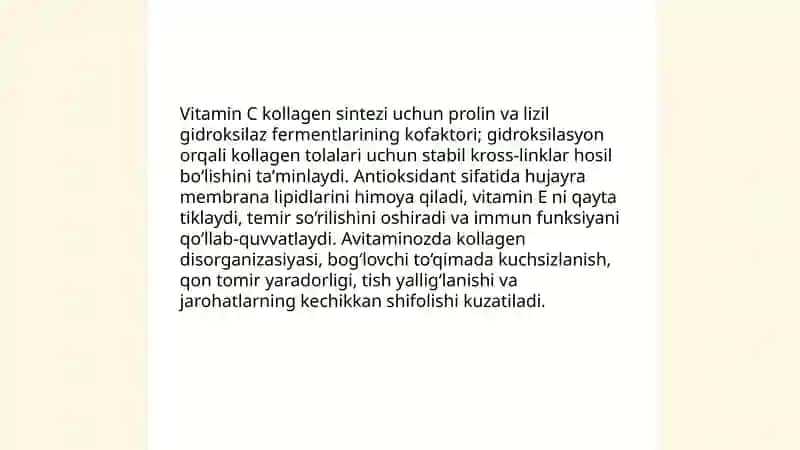 Avitaminoz C va bu xolatda biriktiruvchi to‘qimada modda almashuvining buzilishlari 3