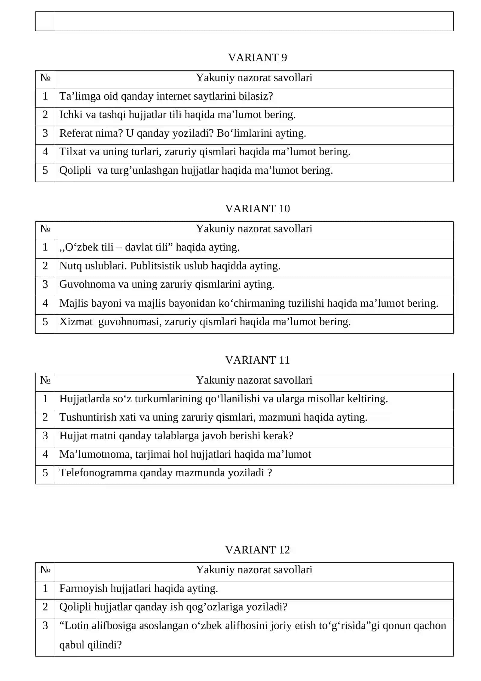 DAVLAT TILIDA ISH YURITISH fanidan og’zaki shakldagi YAKUNIY NAZORAT SAVOLLARI 3