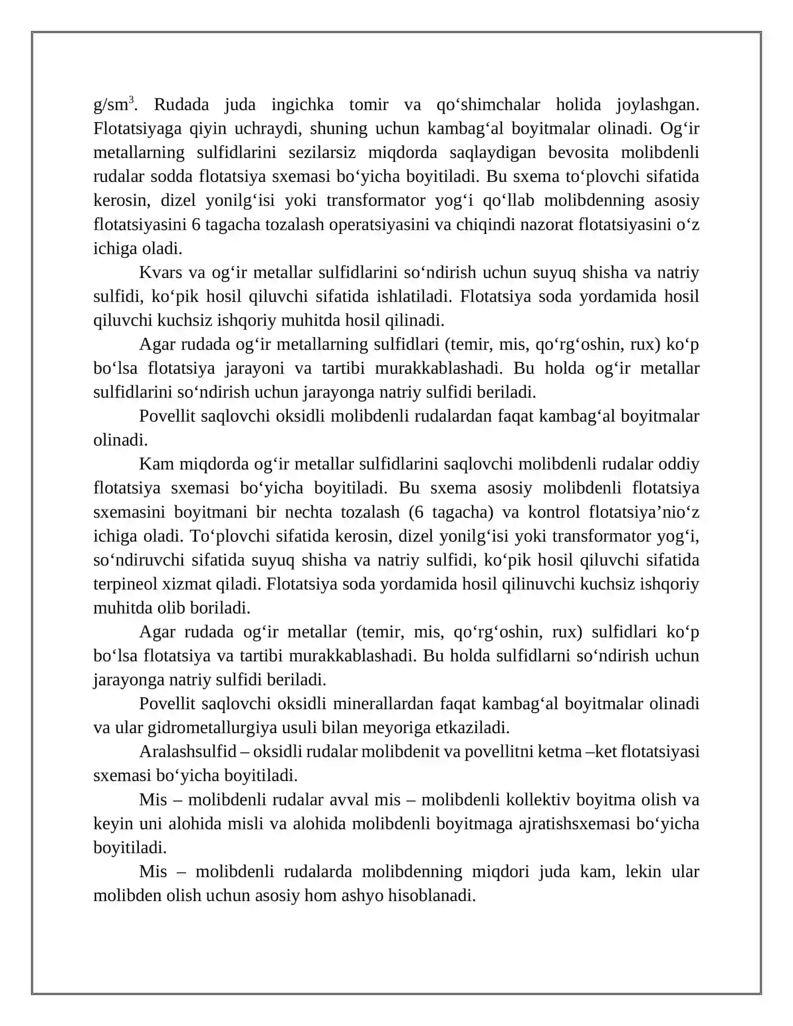 Mоlibdеnli va mis – mоlibdеnli  rudalarni  flоtаtsiya usulidа boyitish tехnоlоgiyasi. 3