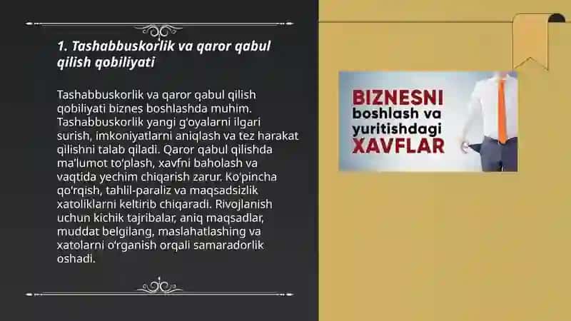 Biznes boshlash uchun zarur bolgan shaxsiy sifatlar va yol qoyiladigan kamchiliklar 3