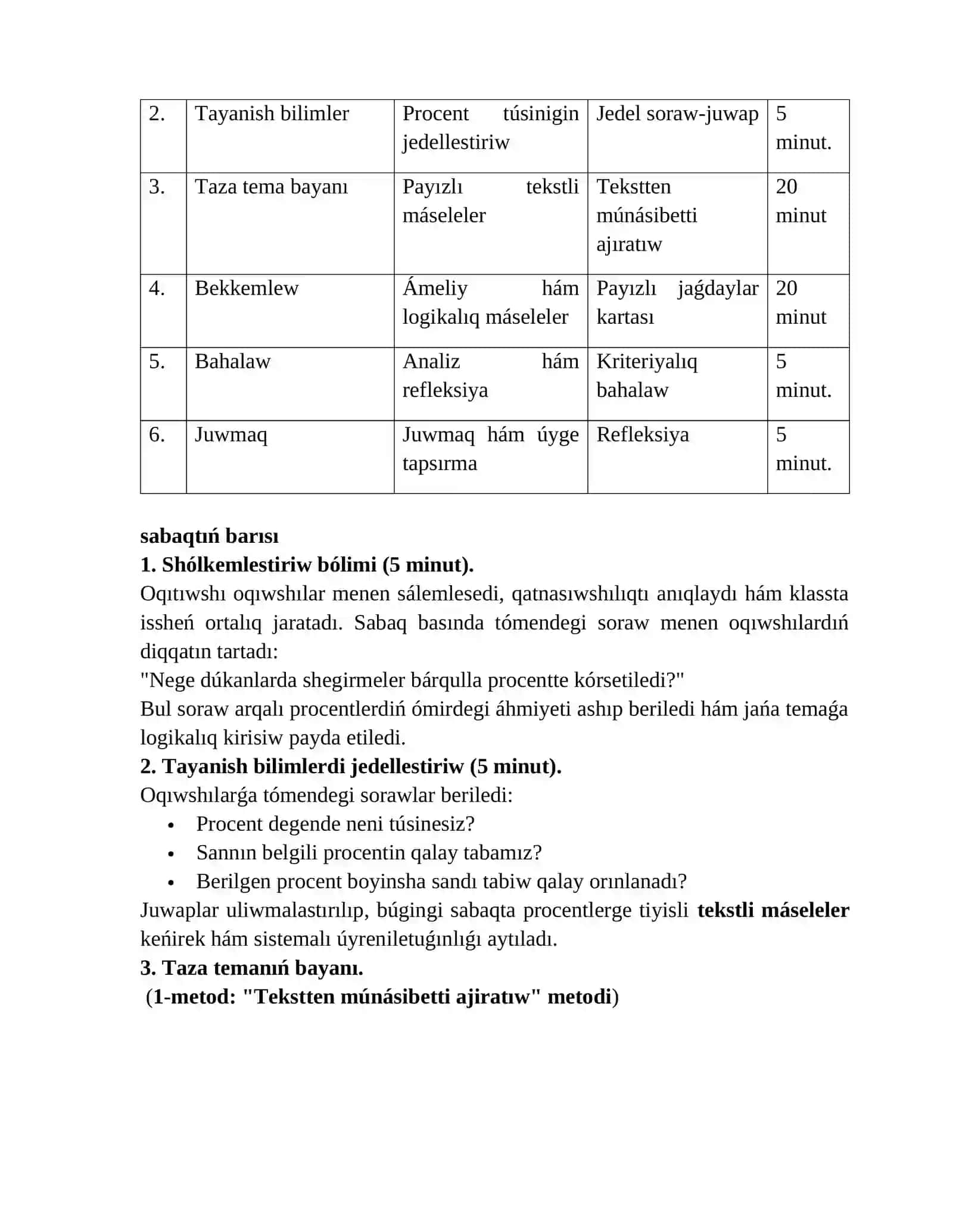 7-klass matematika páninen “Payızlarǵa tiyisli tekstli máseleler.” tema bir saǵatlıq sabaq rejesi 3