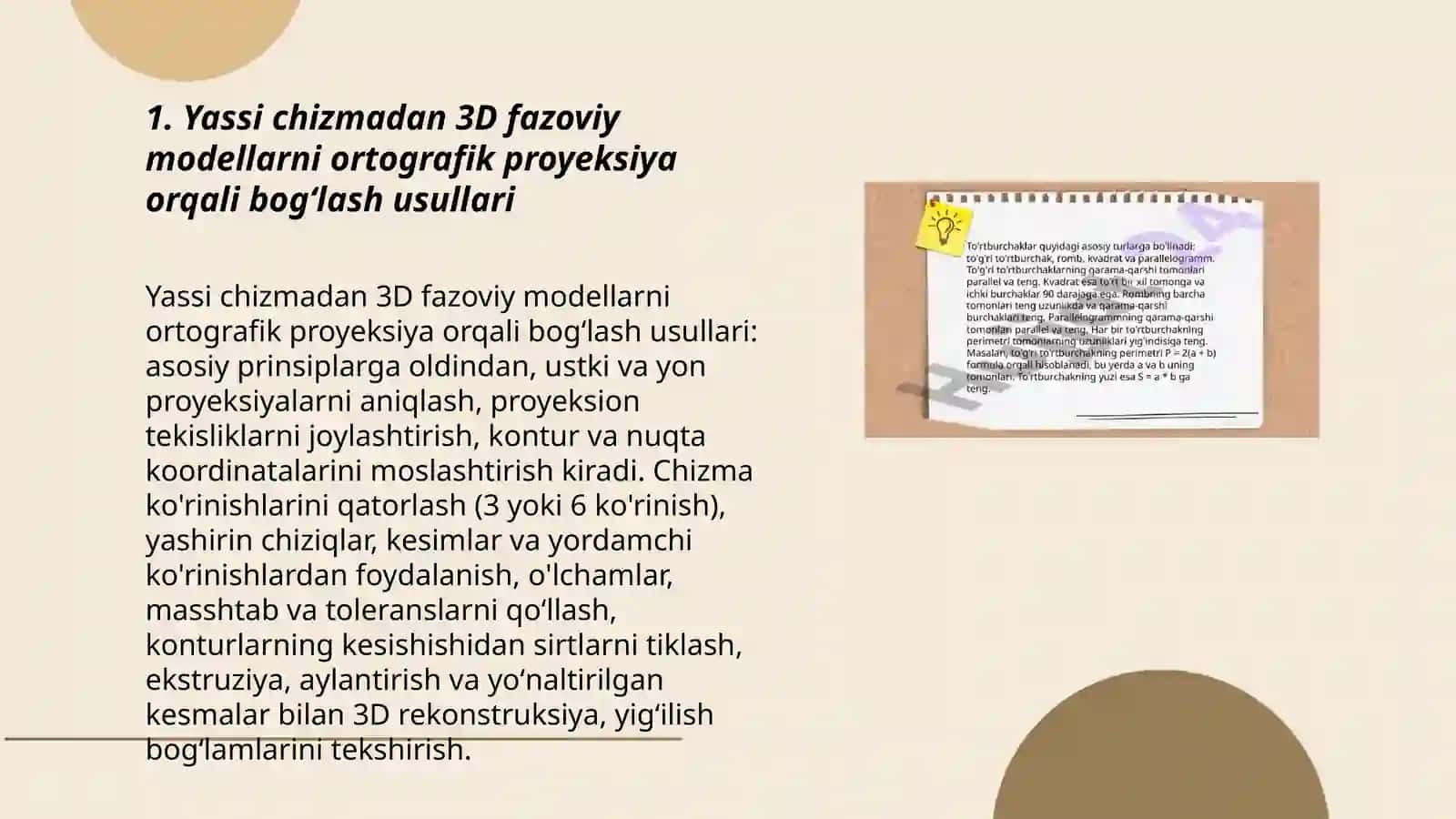 Yassi chizmalarni fazoviy modellar bilan bogʼlash usullari 3