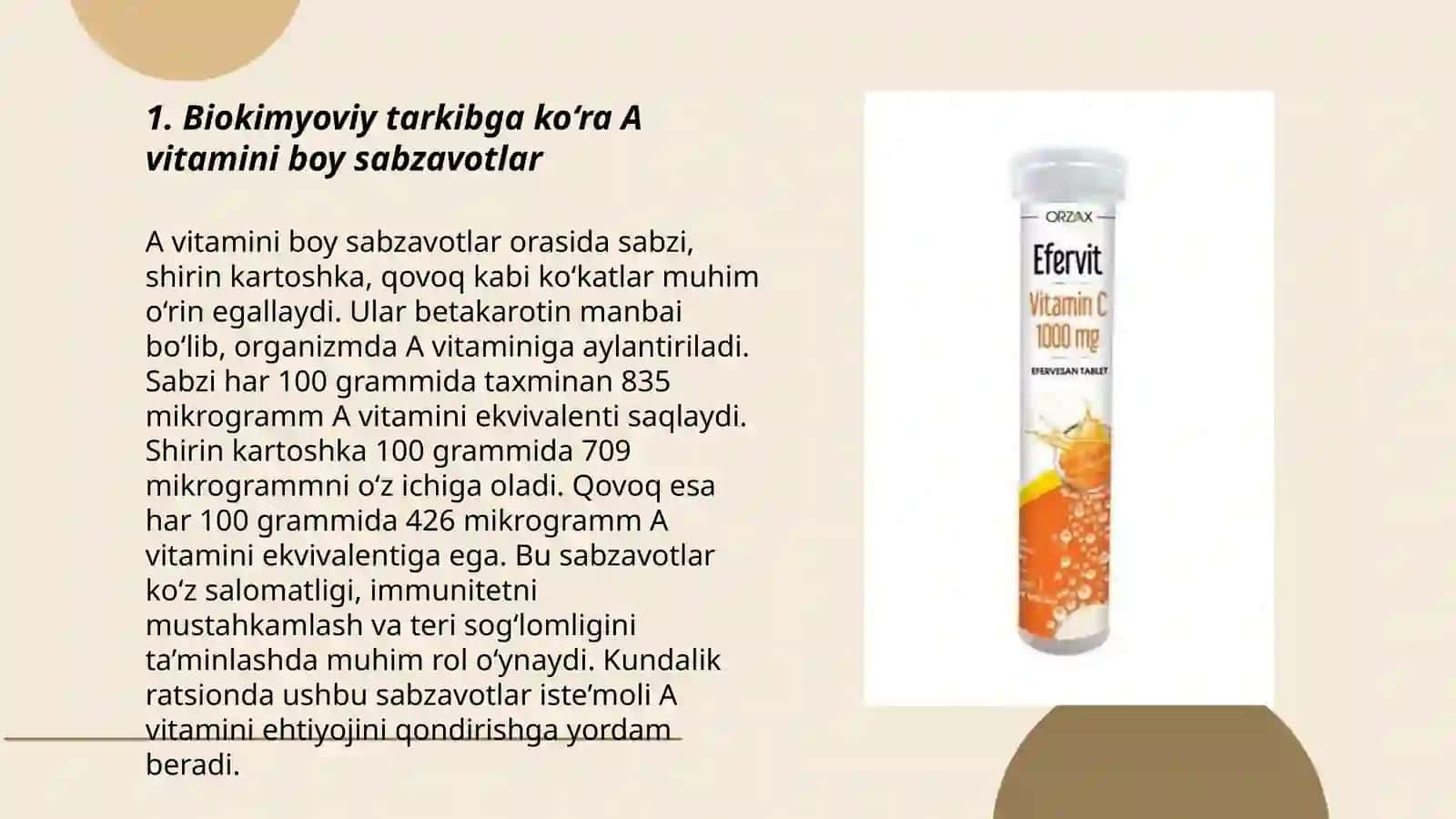 Biokimyoviy tarkibga ko‘ra vitaminlar,mineral elementlar,efir moylariga boy sabzavotlarni qayd eting 3