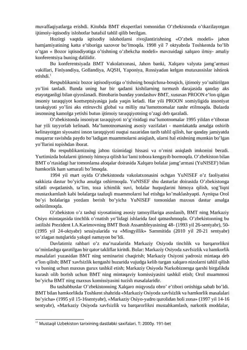 O’zbekistonning BMT bilan hamkorlik aloqalarini rivojlanishi va asosiy yo’nalishlari 3