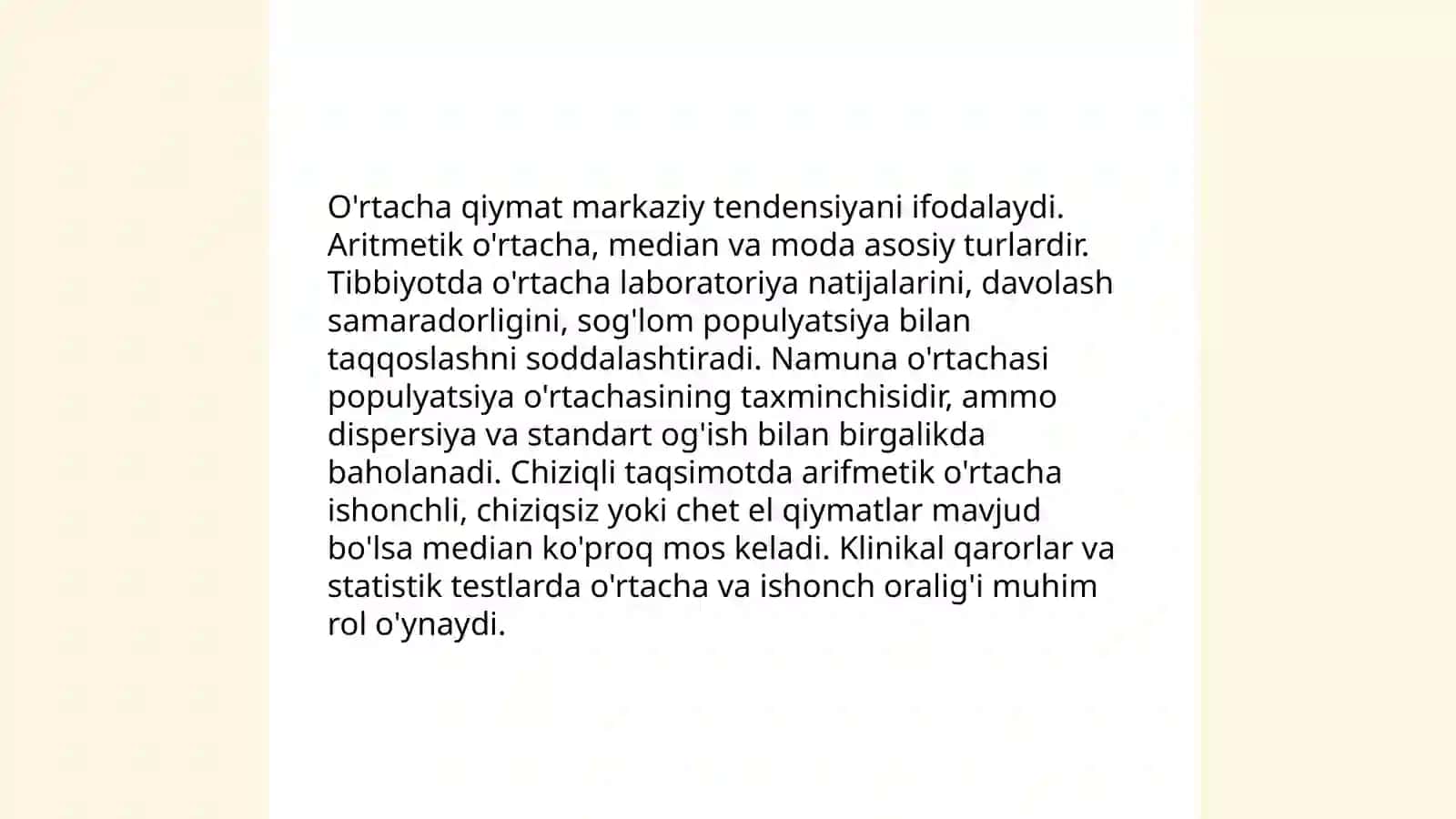 O'rtacha qiymatlar, turlari, hisoblash usullari, tibbiyotda qo'llanilishi 3
