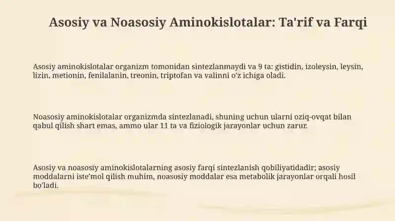Asosiy va Noasosiy Aminokislotalar: Ta'rif va Farqi 3