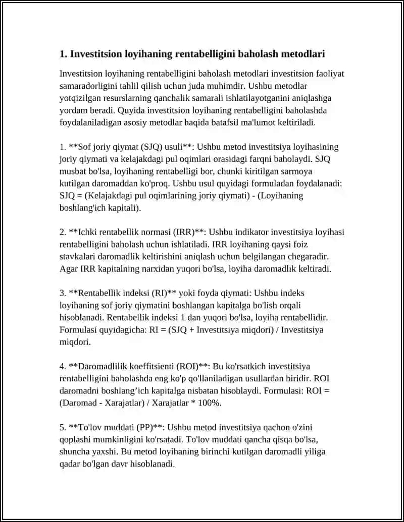 INVESTITSION FAOLIYAT SAMARADORLIGINI TAHLIL QILISH 3