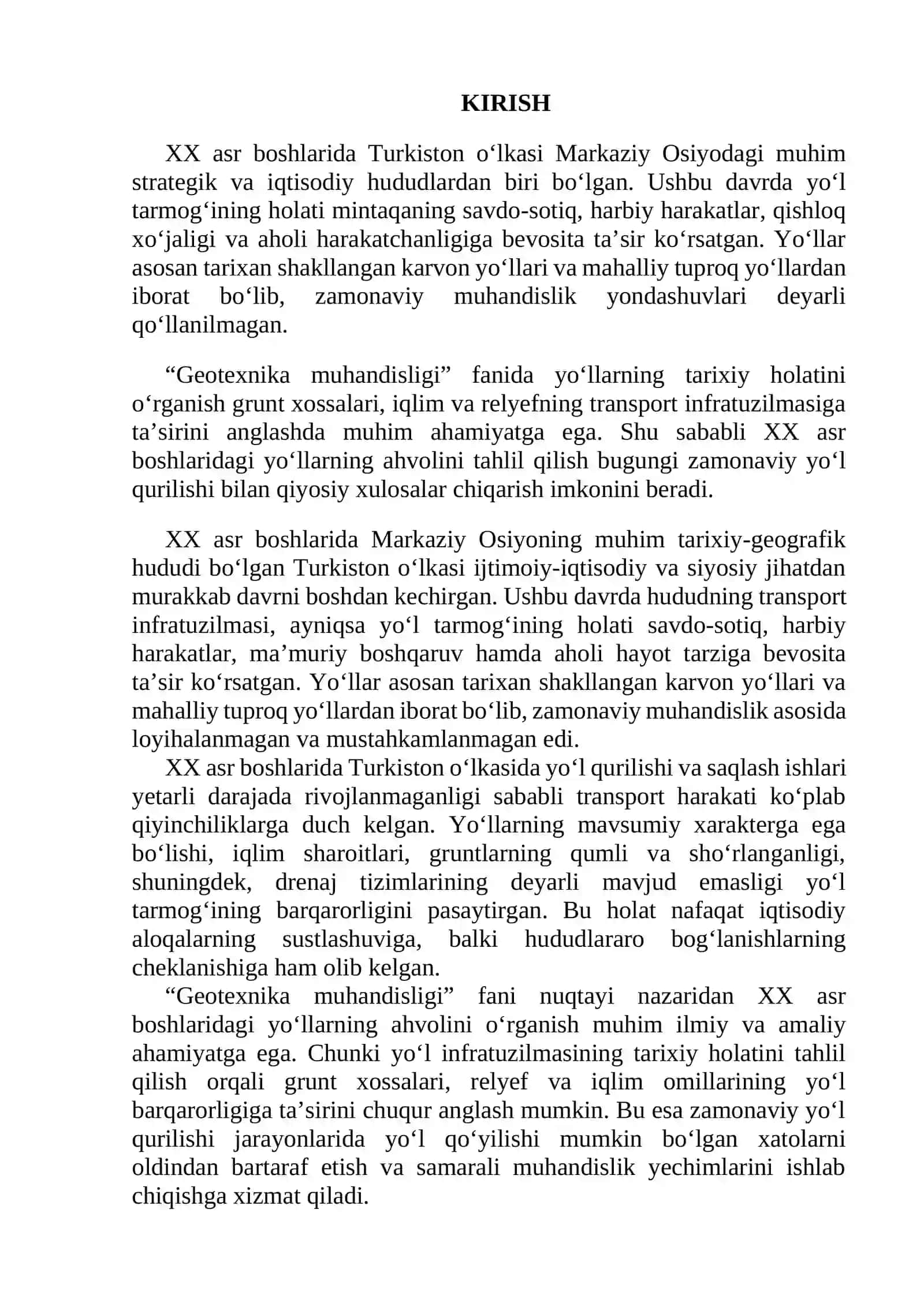 Geotexnika muhandisligi fanidan "XX asr boshlarida Turkiston o‘lkasi hududidagi yo‘llarning ahvoli" mavzusida tayyorlagan mustaqil ta'lim REFERATI 3