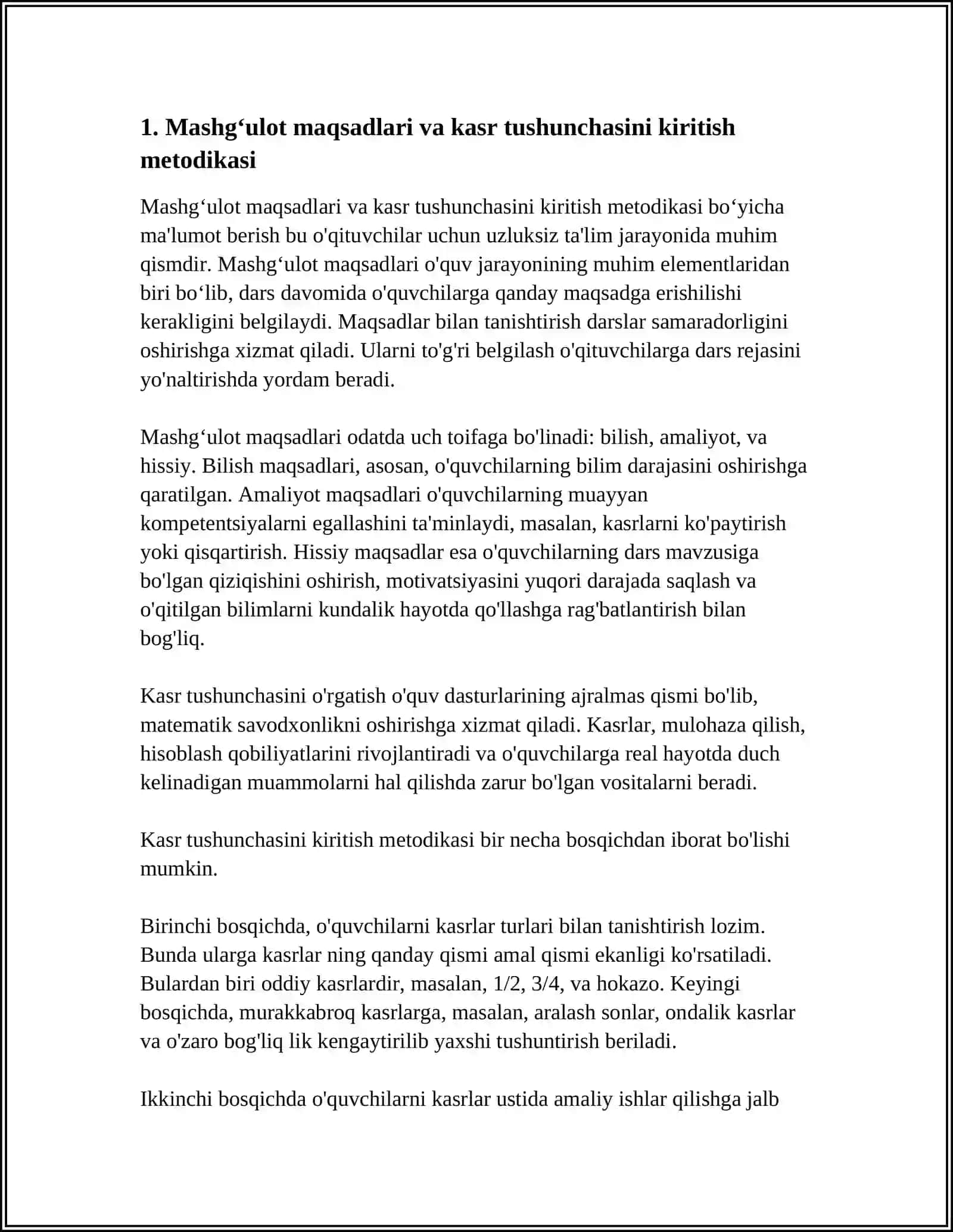 SINFDAN TASHQARI MASHGʻULOTLARDA KASR TUSHUNCHASI BILAN TANISHTIRISH METODIKASI 3