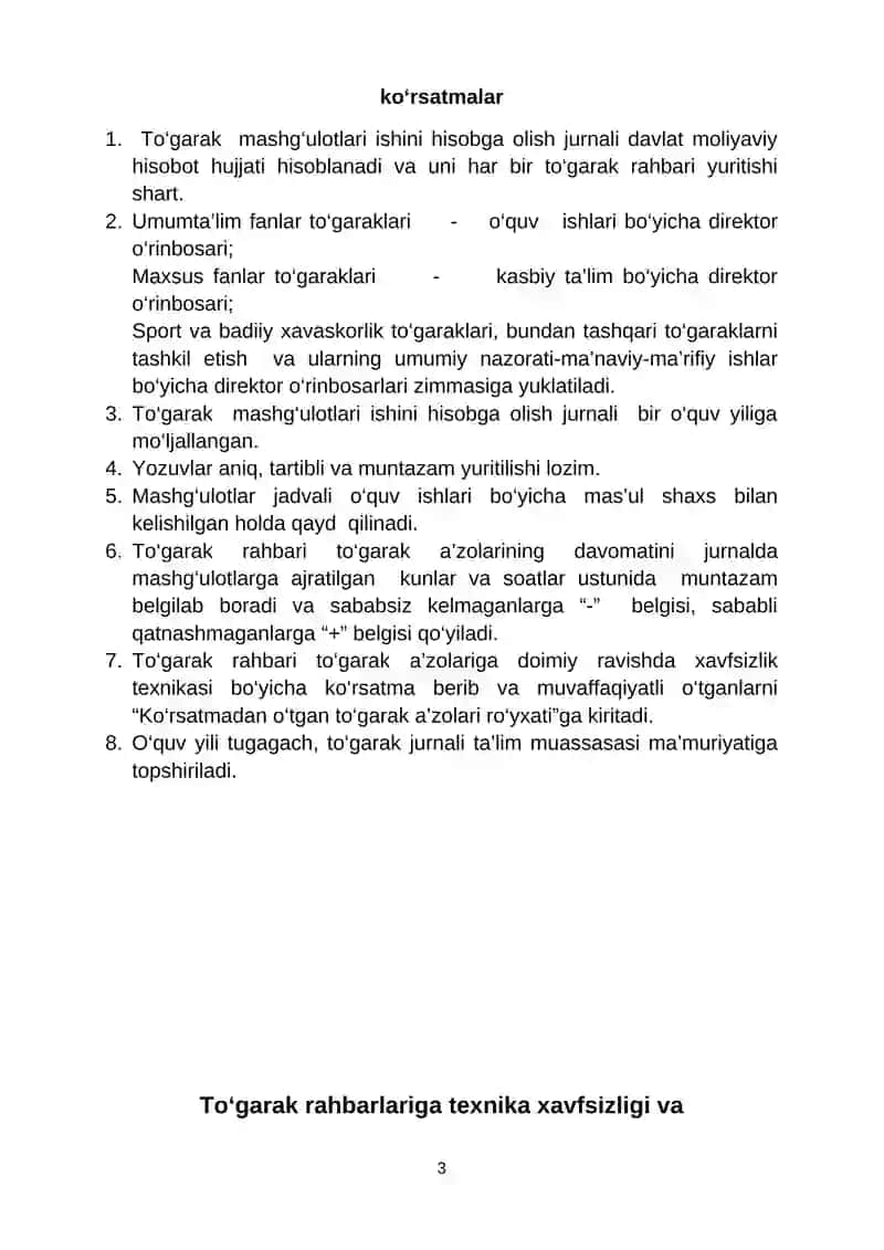 To‘garak mashg‘ulotlari ishini hisobga olish JURNALI 3