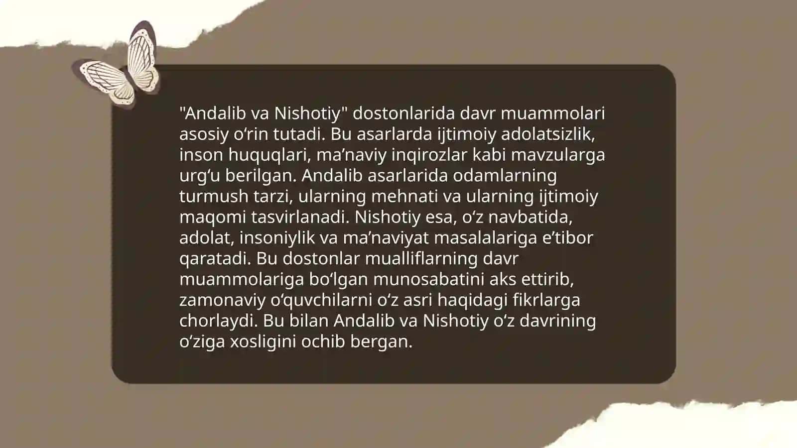 Andalib va Nishotiy dostonlari misolida davr dostonchiligi borasida mulohaza yuritish. Oʻxshash va farqli tomonlarini topish 3