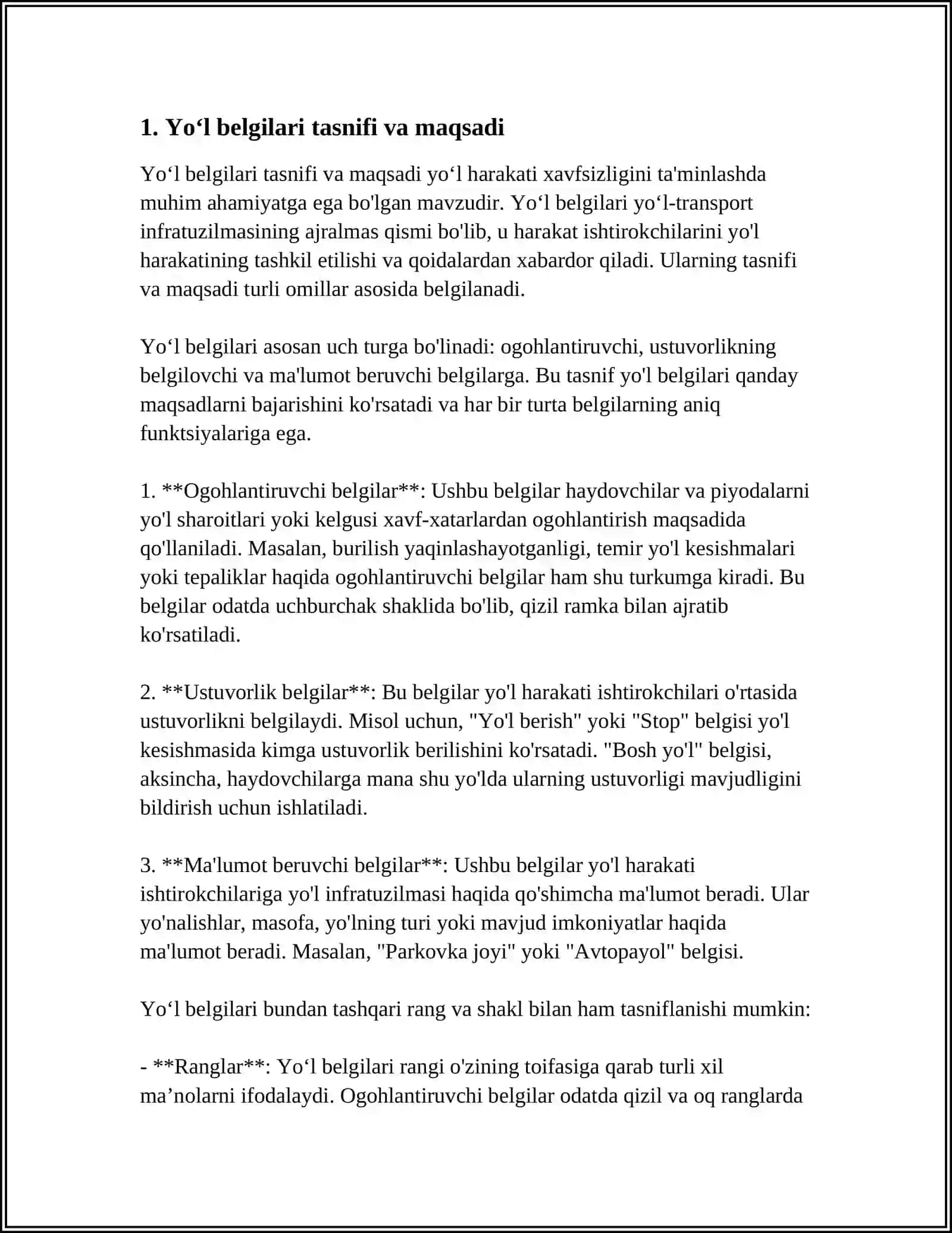 YO‘L BELGILARI VA ULARGA QO‘YILGAN TALABLAR 3