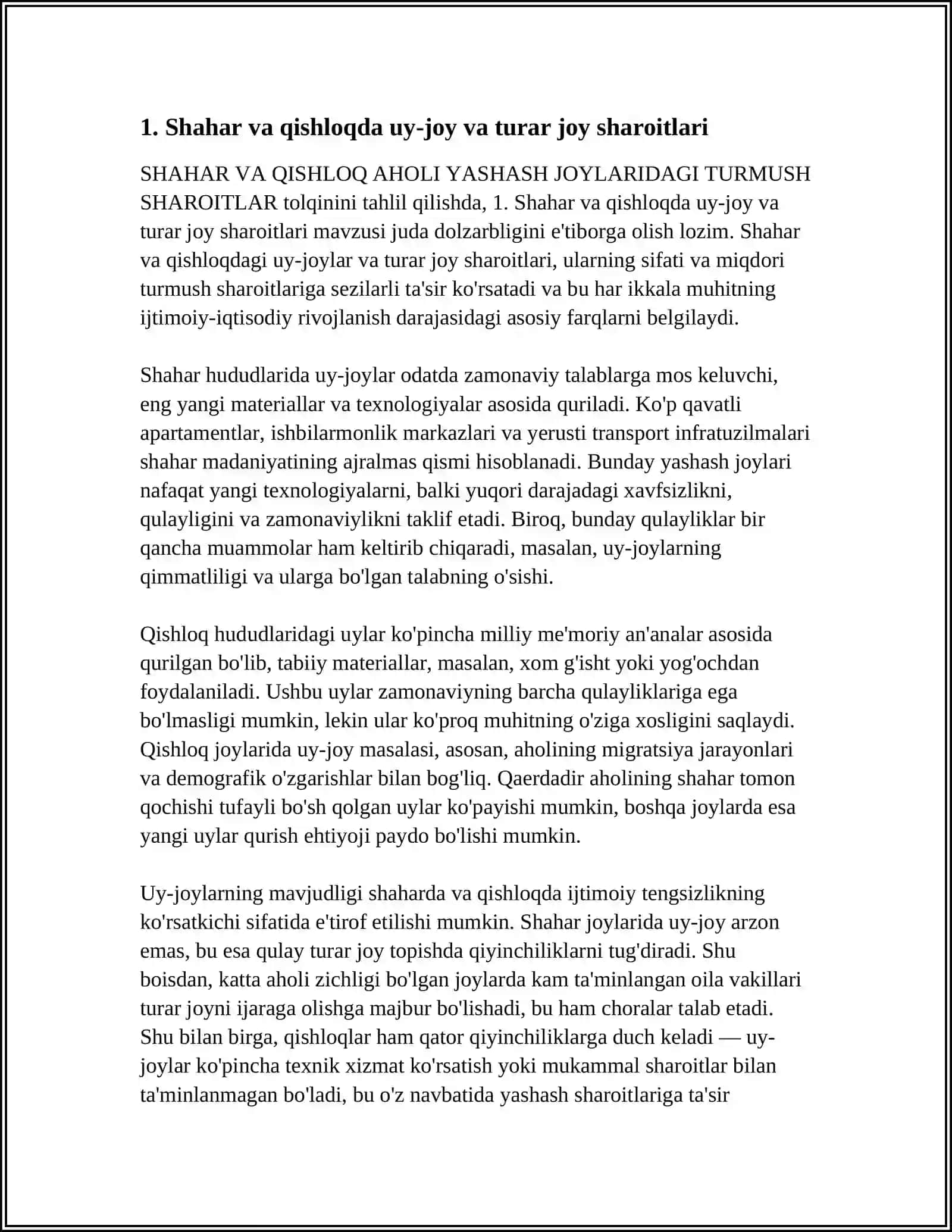 SHAHAR VA QISHLOQ AHOLI YASHASH JOYLARIDAGI TURMUSH SHAROITLARI 3