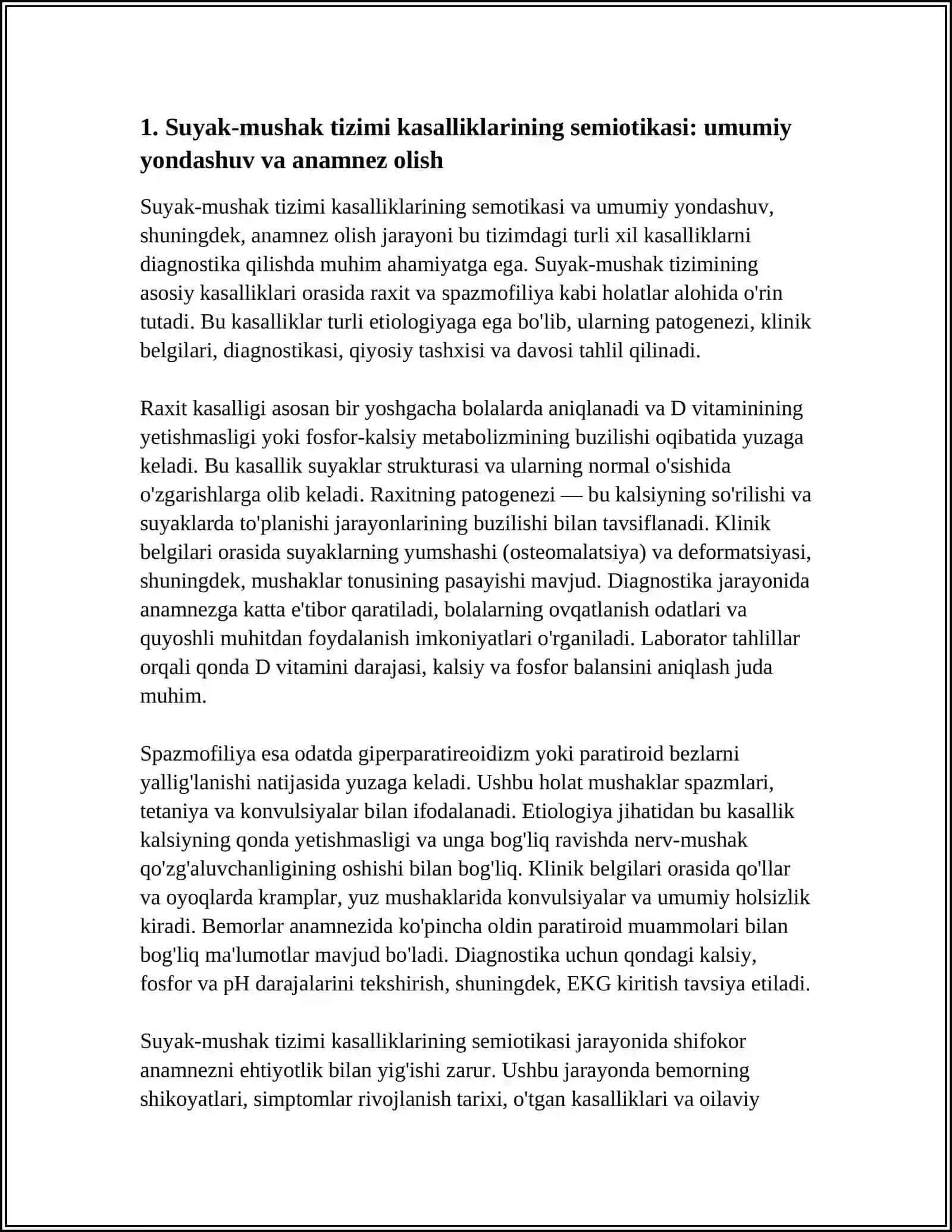 SUYAK – MUSHAK TIZIMINING ASOSIY KASALLIKLARI SEMIOTIKASI. RAXIT KASALLIGI. SPAZMOFILIYA. ETIOLOGIYASI, PATOGENEZI, KLINIK BELGILARI, DIAGNOSTIKASI, QIYOSIY TASHXISI, DAVOSI 3