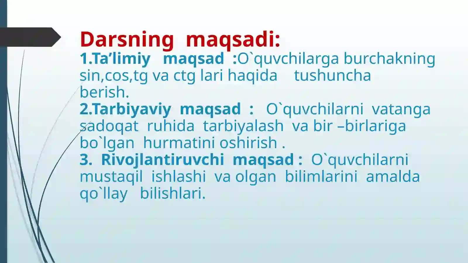 8-sinf Geometriya fanidan 30, 45, 60 gradusli burchaklarning sinusi, kosinusi, tangensi va kotangensini hisoblash.pptx bir soatlik dars taqdimoti 3