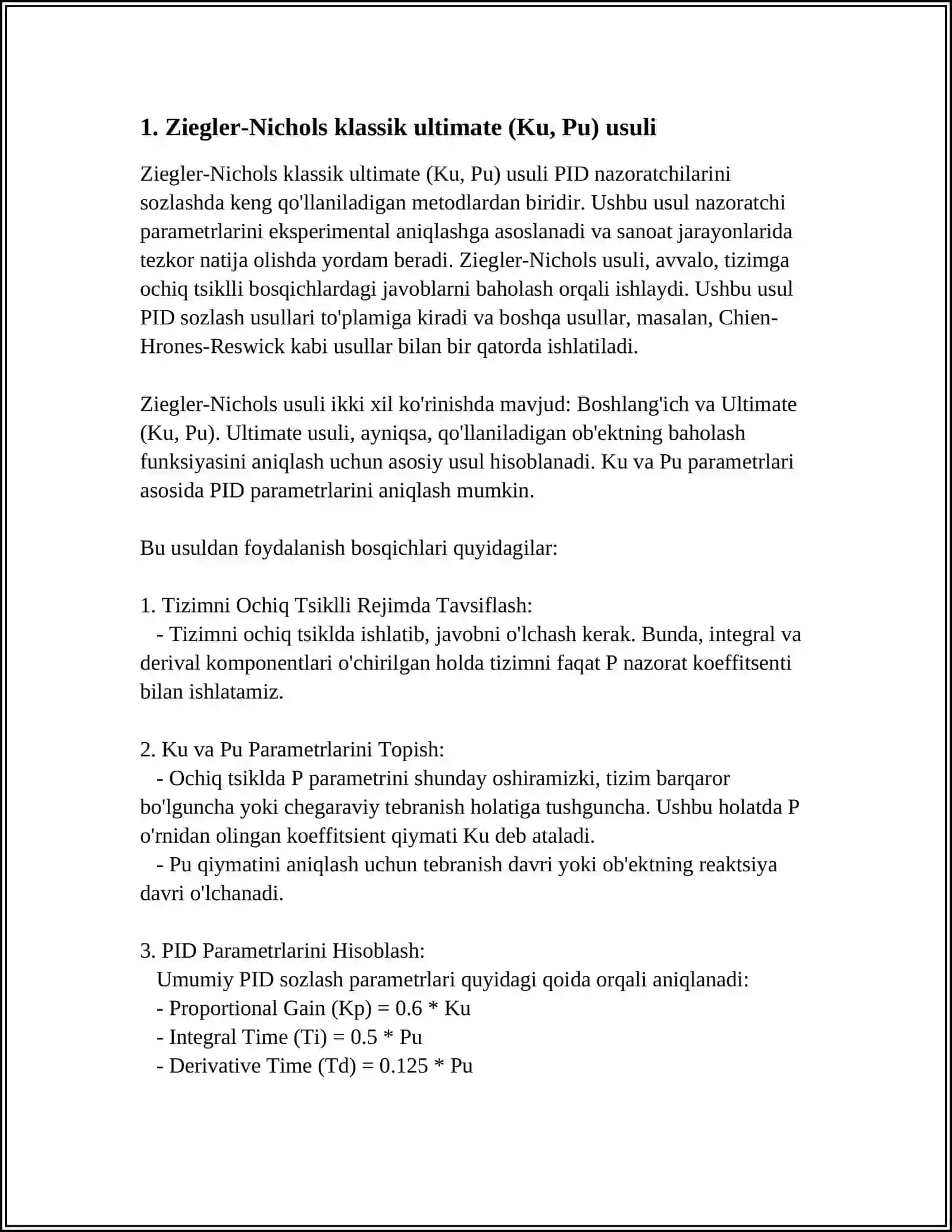 PID-NI SOZLASH USULLARI ( ZIEGLER- NICHOLS, CHIEN- HRONES- RESWICK VA B.) 3