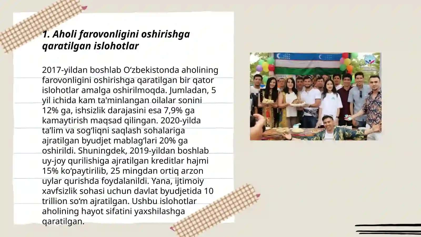 Oʻzbekistonda ijtimoiy sohada amalga oshirilayotgan oʻzgarishlar mazmuni va mohiyati 3